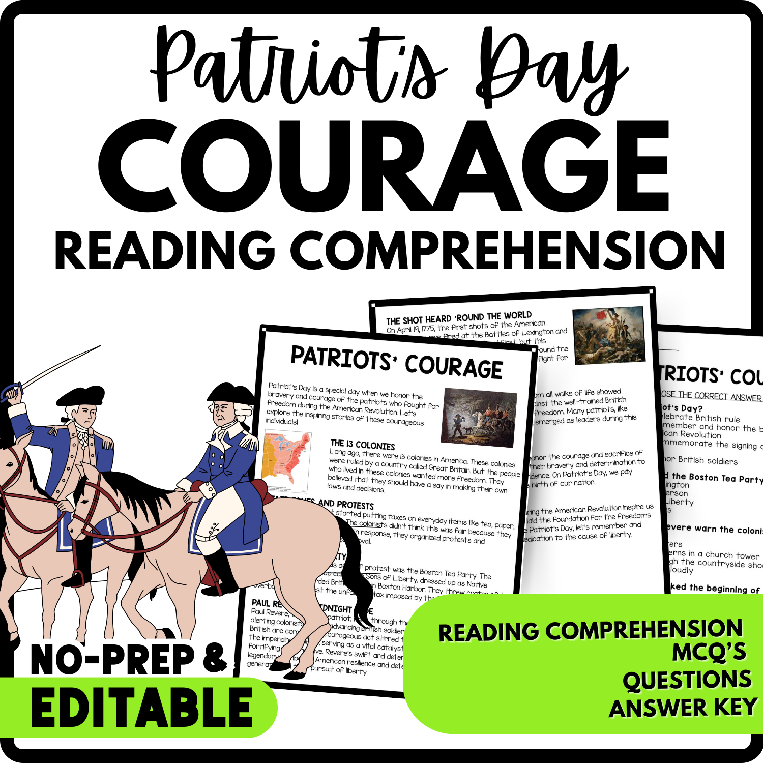 Patriots Courage Reading Comprehension Worksheet-Printable and Editable