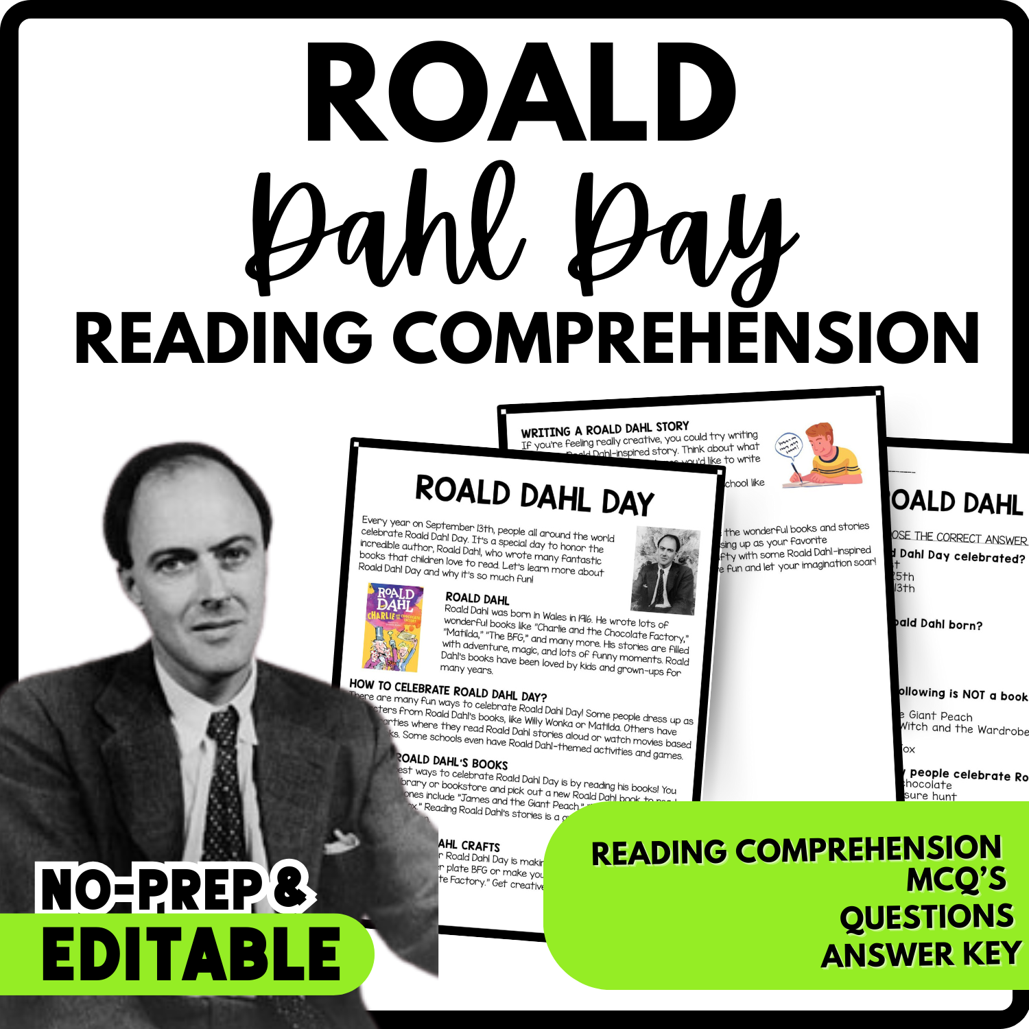 Roald Dahl Day Reading Comprehension Worksheet-Printable and Editable