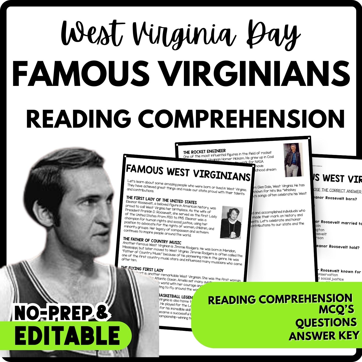 Famous West Virginians Reading Comprehension Worksheet-Printable and Editable