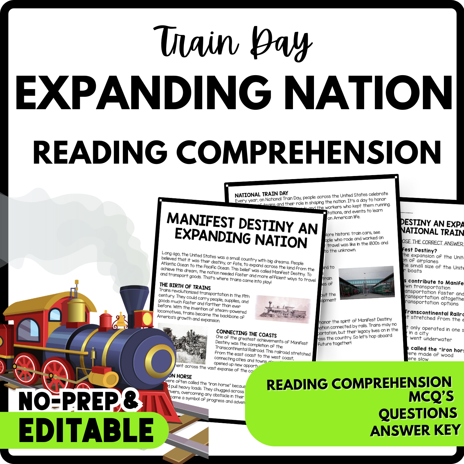 Manifest Destiny An Expanding Nation Reading Comprehension Worksheet-Printable and Editable