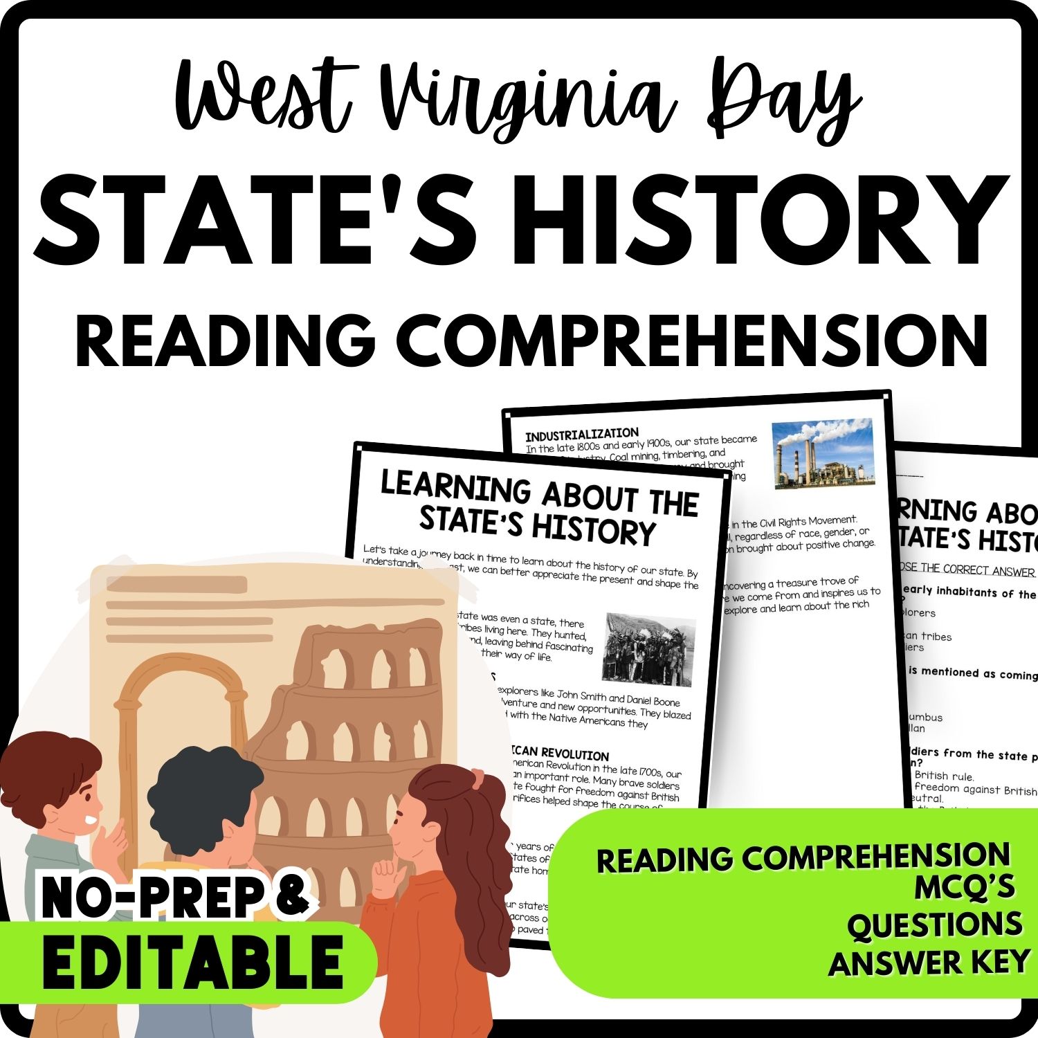 Learning About the State's History Reading Comprehension Worksheet-Printable and Editable