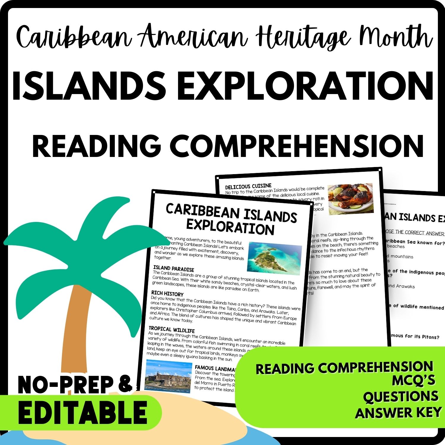 Caribbean Islands Exploration Reading Comprehension Worksheet-Printable and Editable