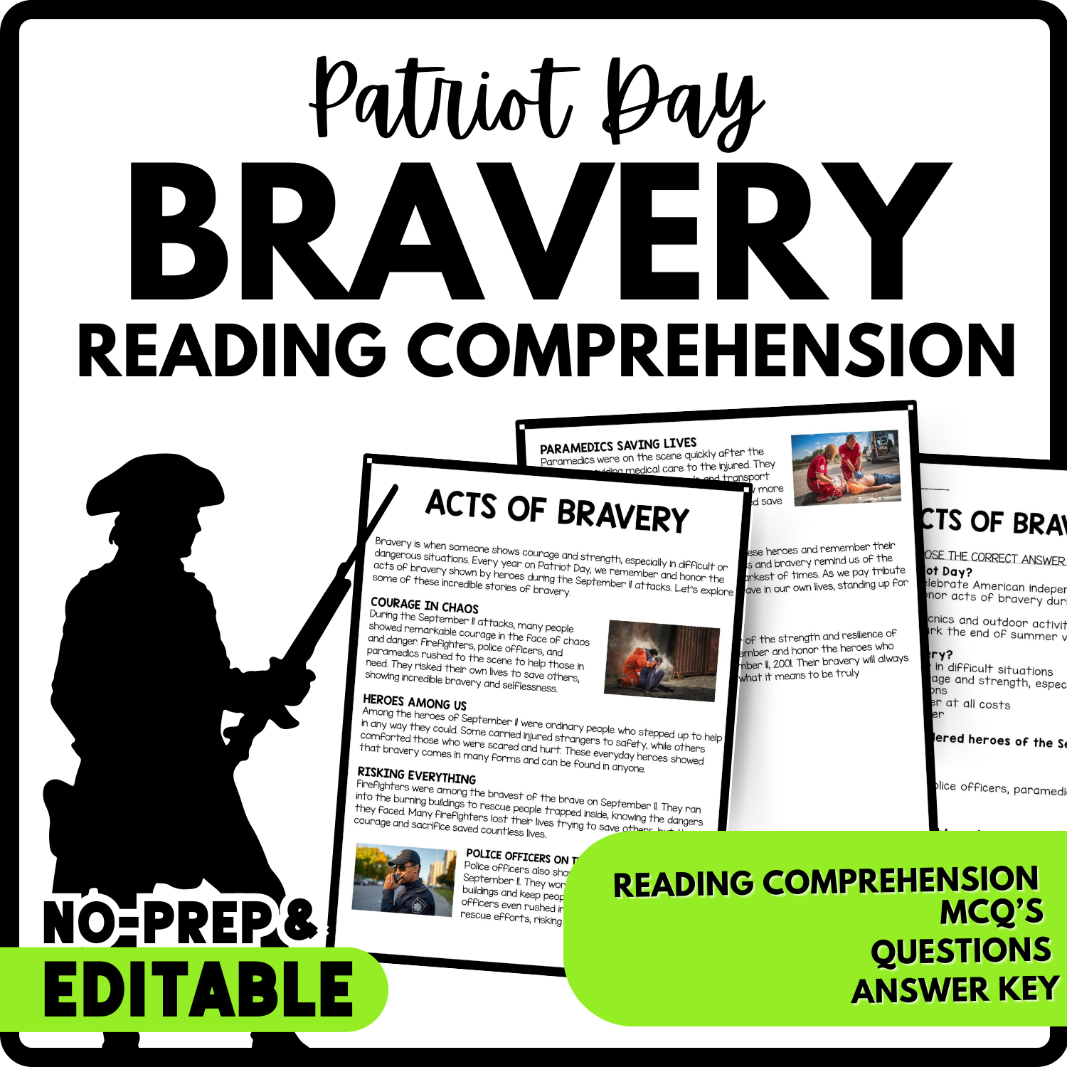 Acts of Bravery Reading Comprehension Worksheet-Printable and Editable