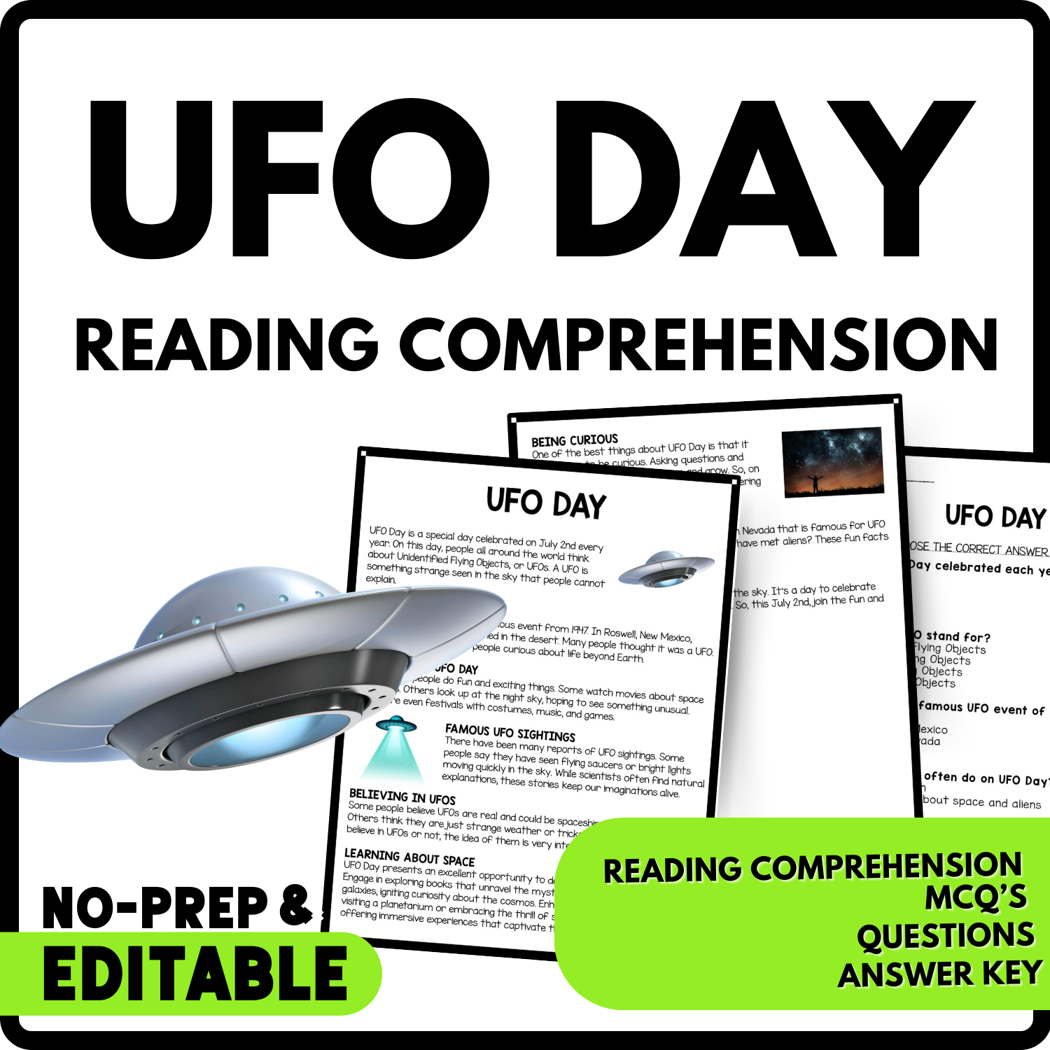 UFO Day Reading Comprehension Worksheet-Printable and Editable