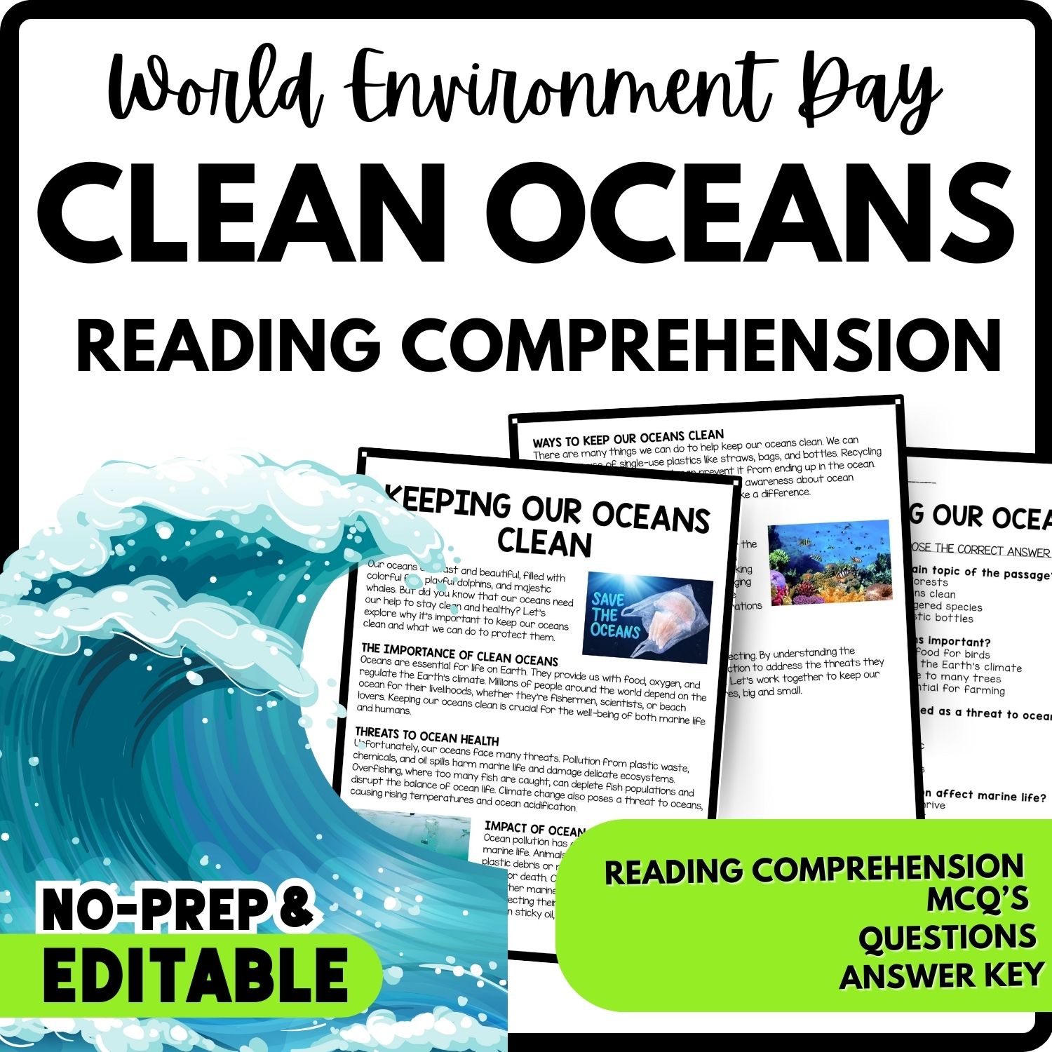 Keeping Our Oceans Clean Reading Comprehension Worksheet-Printable and Editable