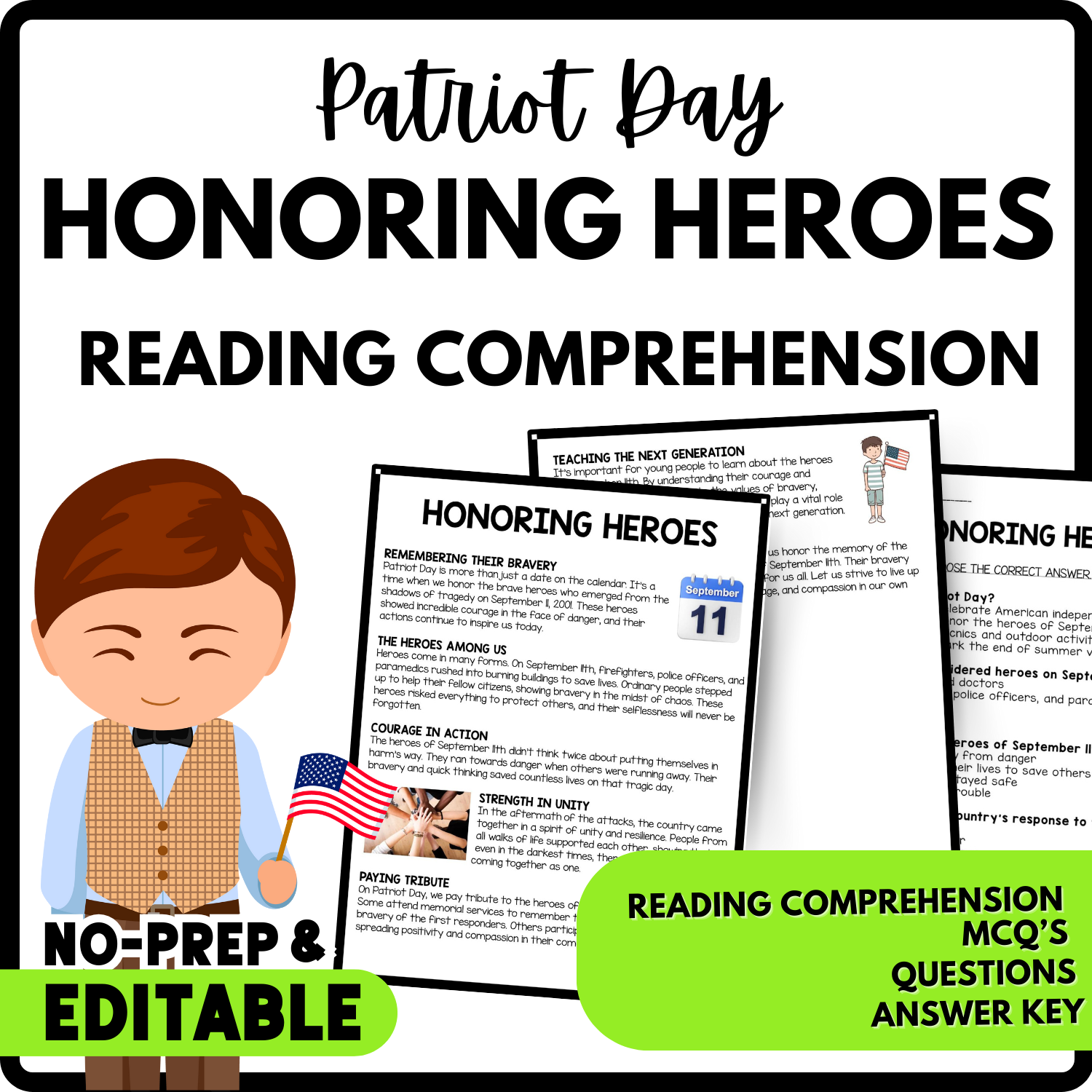 Honoring Heroes Reading Comprehension Worksheet-Printable and Editable