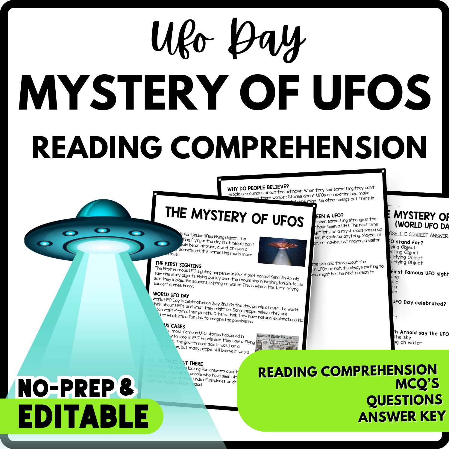 The Mystery of UFOs Reading Comprehension Worksheet-Printable and Editable