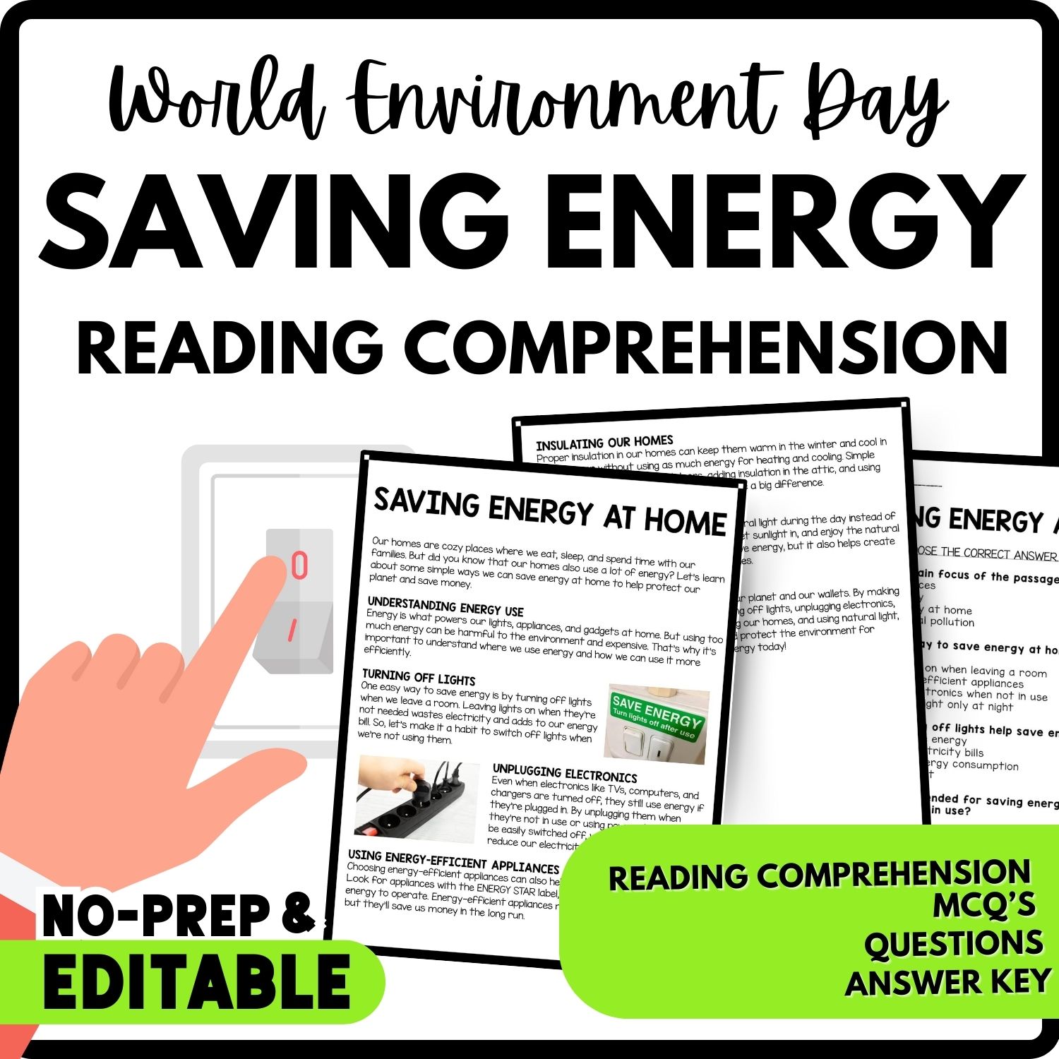 Saving Energy at Home Reading Comprehension Worksheet-Printable and Editable