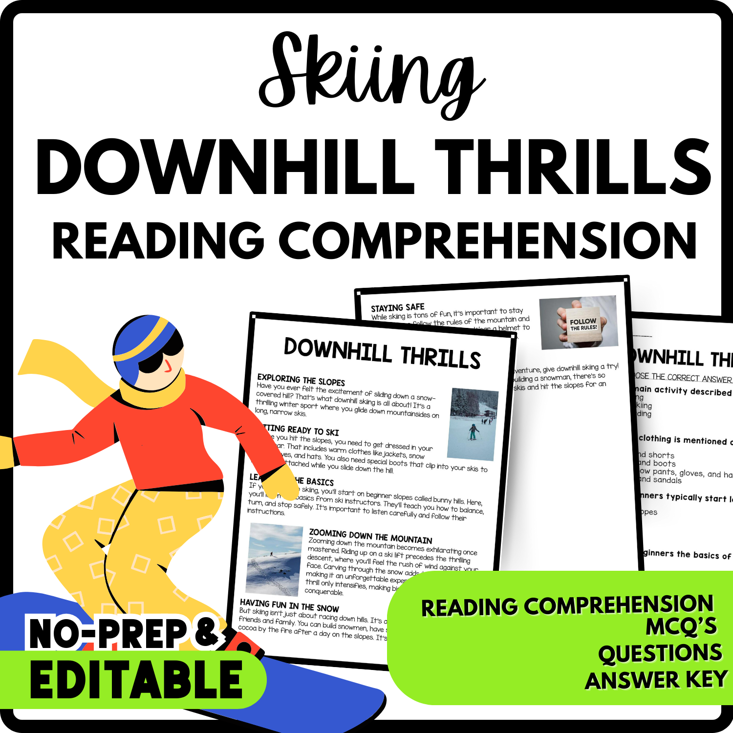 Downhill Thrills Reading Comprehension Worksheet-Printable and Editable