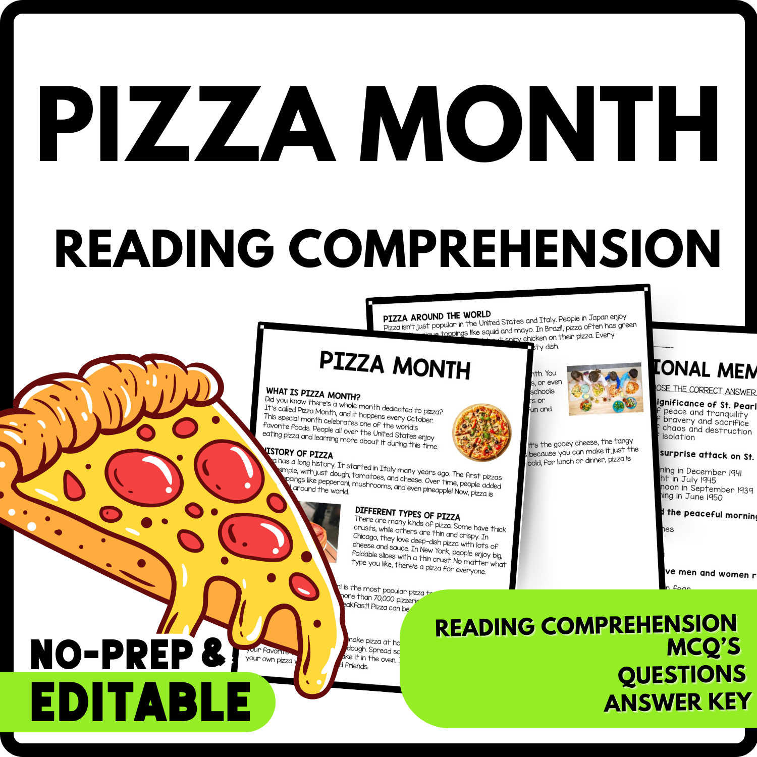 Pizza Month Reading Comprehension Worksheet-Printable and Editable