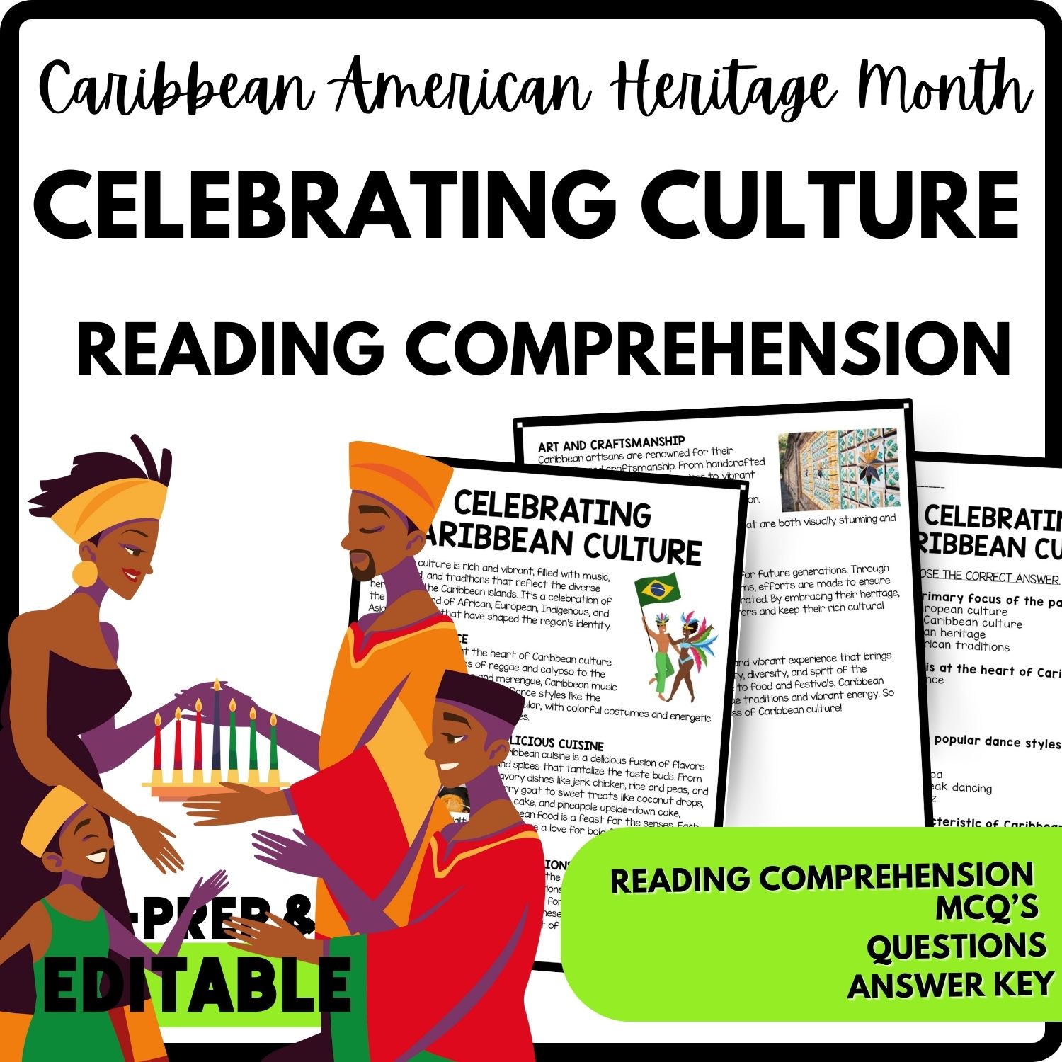 Celebrating Caribbean Culture Reading Comprehension Worksheet-Printable and Editable