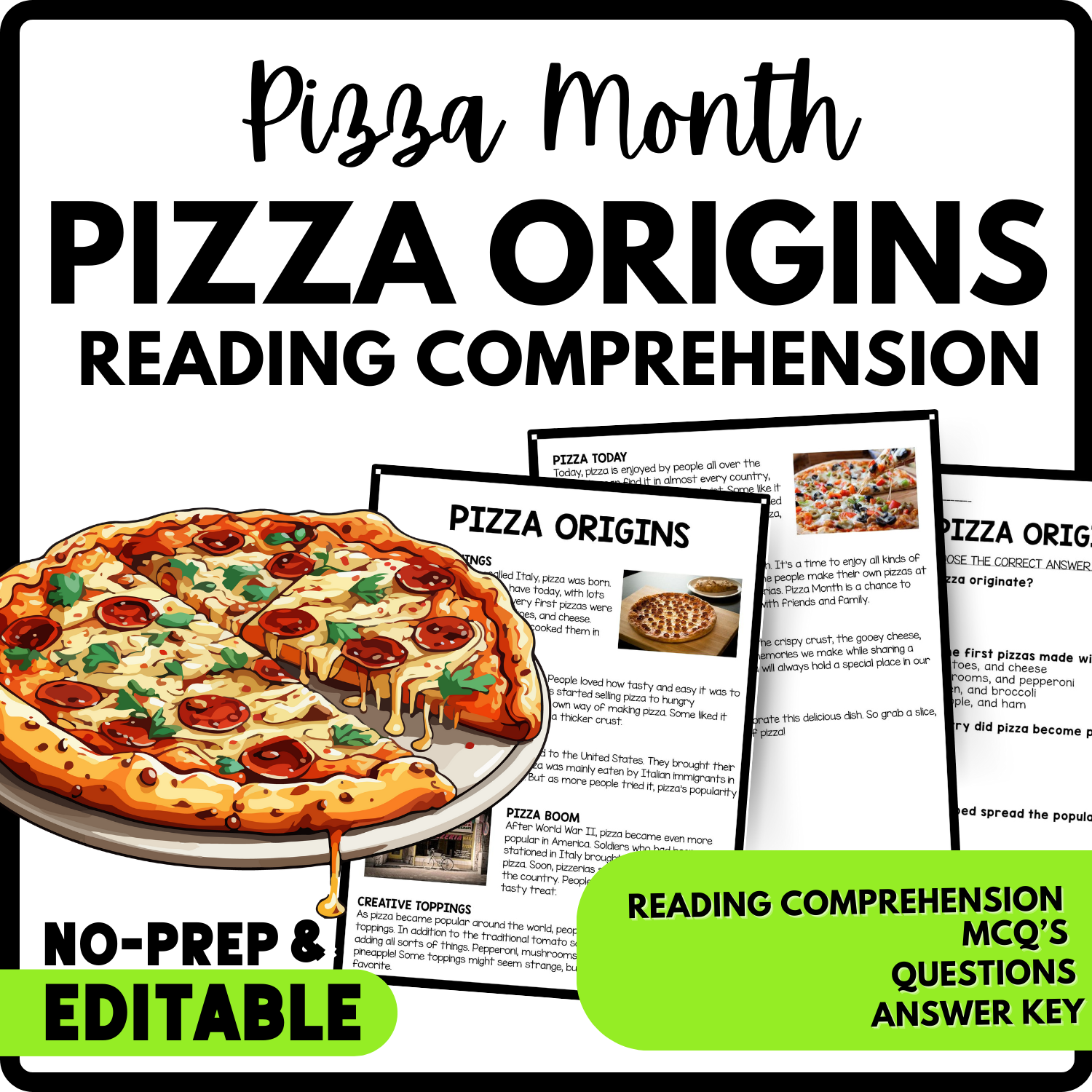 Pizza Origins Reading Comprehension Worksheet-Printable and Editable