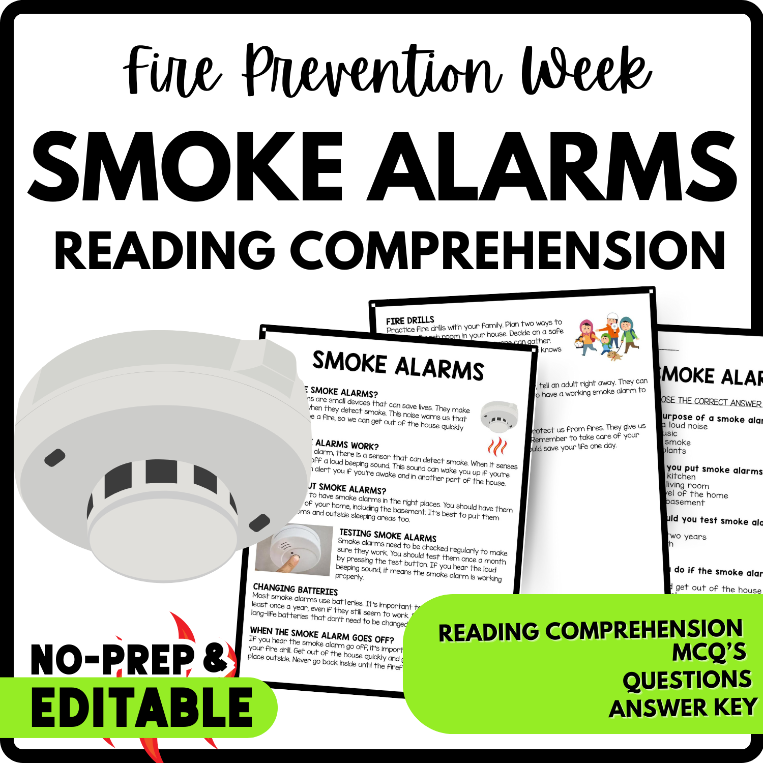 Women's History Month Smoke Alarms Reading Comprehension Worksheet-Printable and Editable