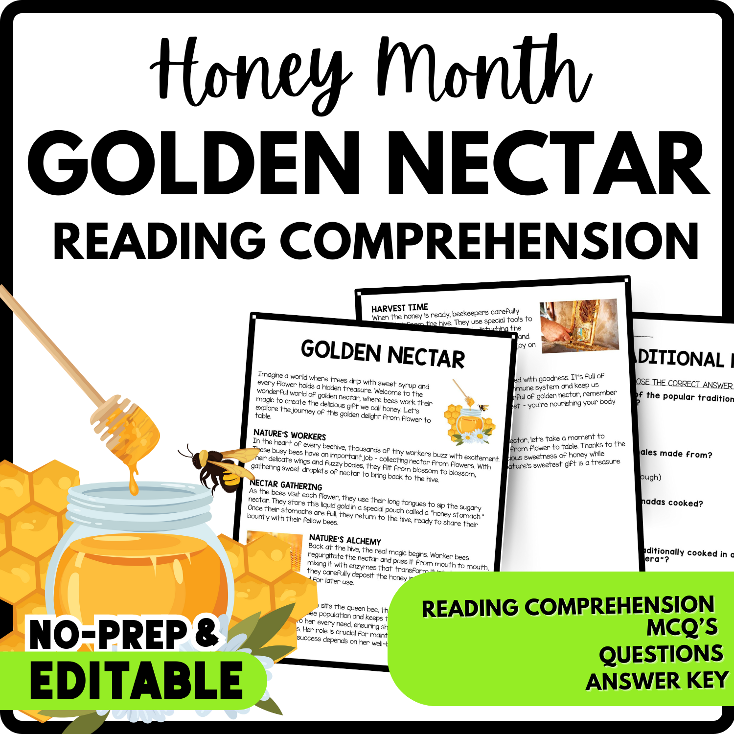 Women's History Month Golden Nectar Reading Comprehension Worksheet-Printable and Editable