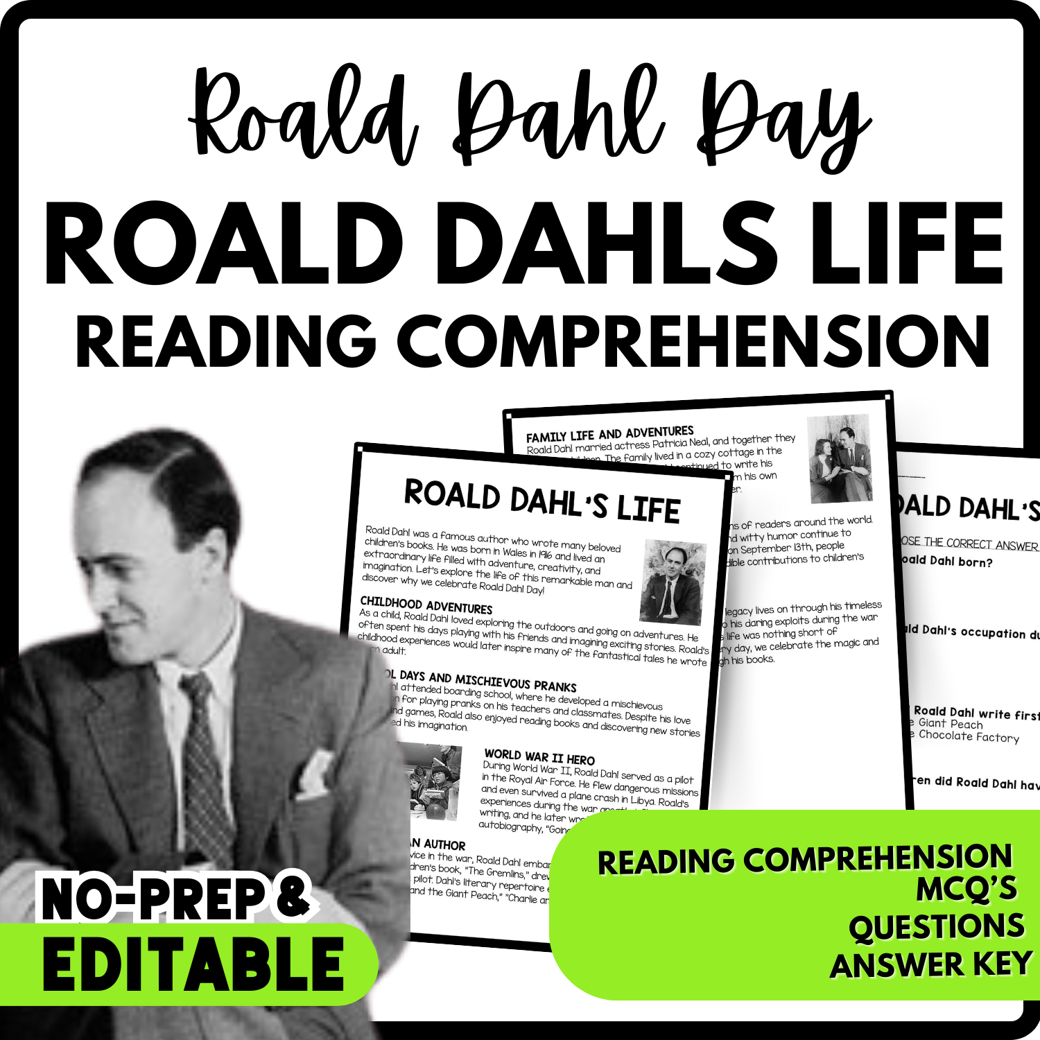 Roald Dahls Life Reading Comprehension Worksheet-Printable and Editable