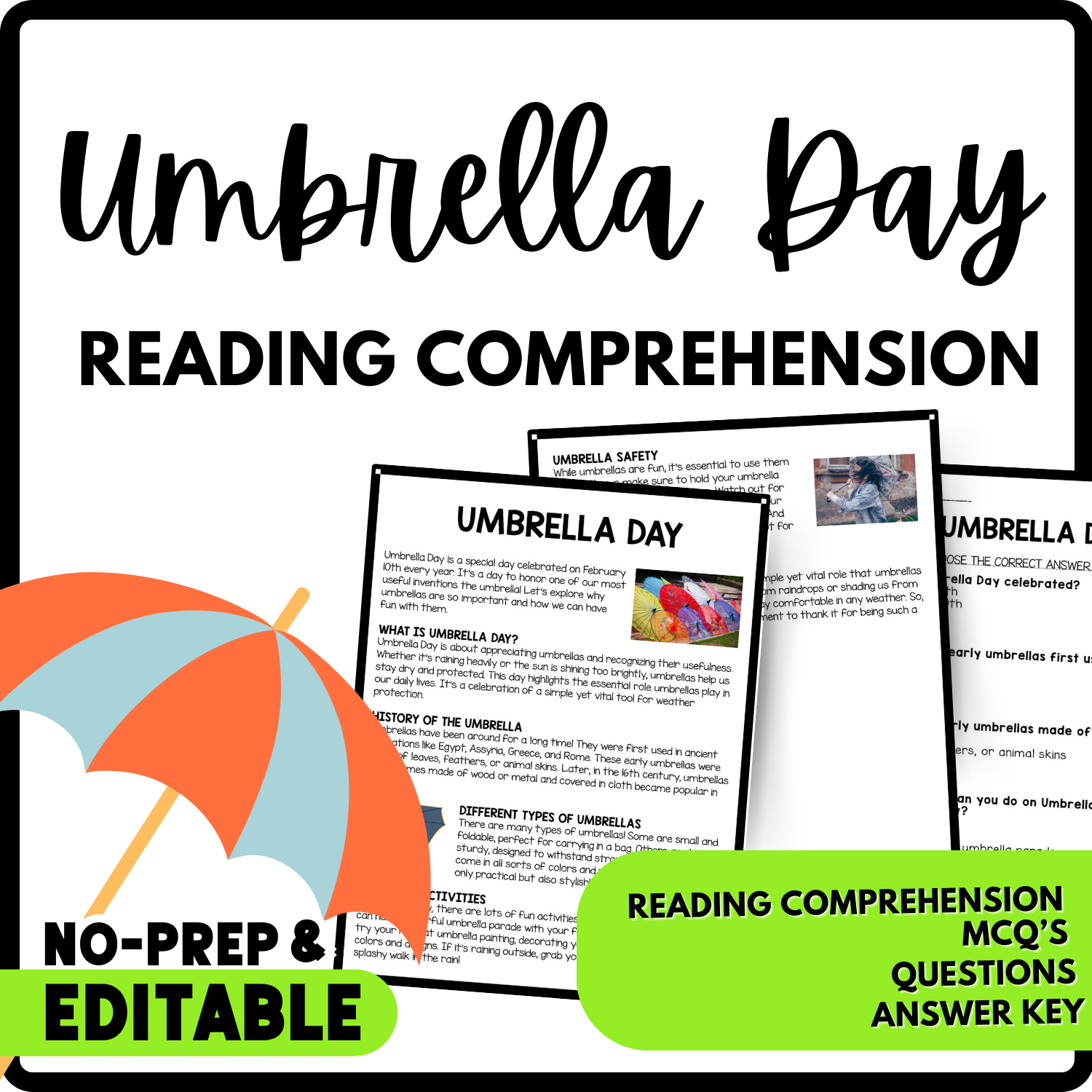 Umbrella Day Reading Comprehension Worksheet-Printable and Editable