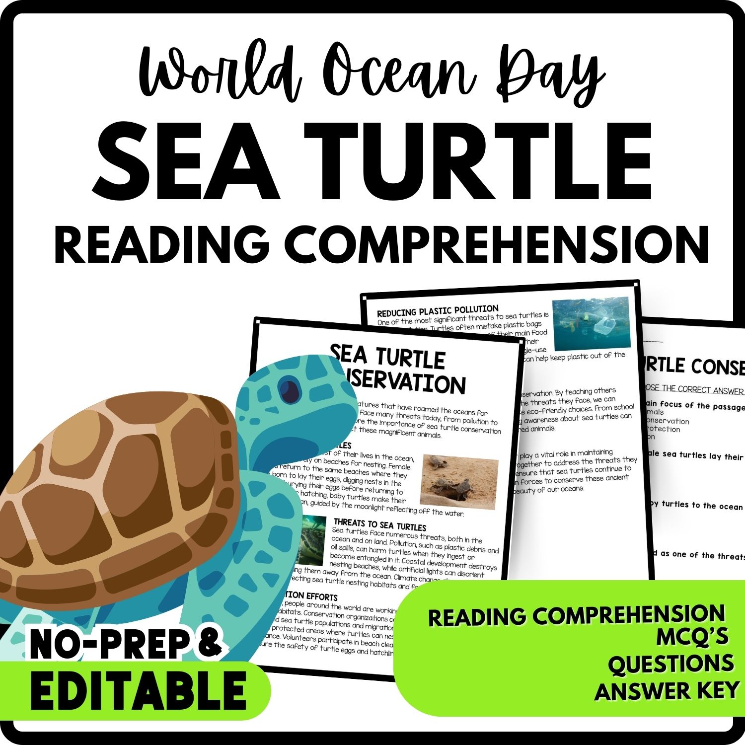 Sea Turtle Conservation Reading Comprehension Worksheet-Printable and Editable