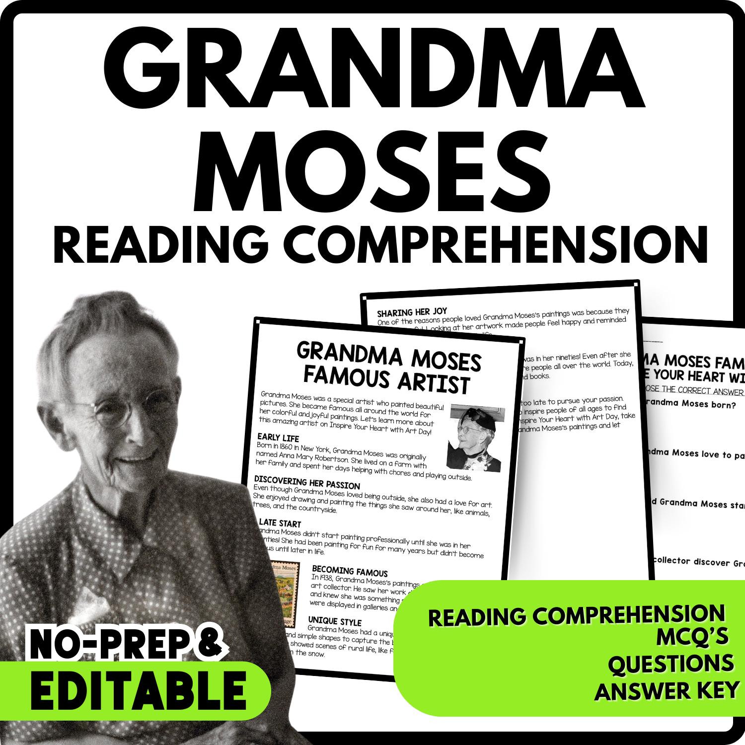 Women's History Month Grandma Moses Famous Artist Reading Comprehension Worksheet-Printable and Editable