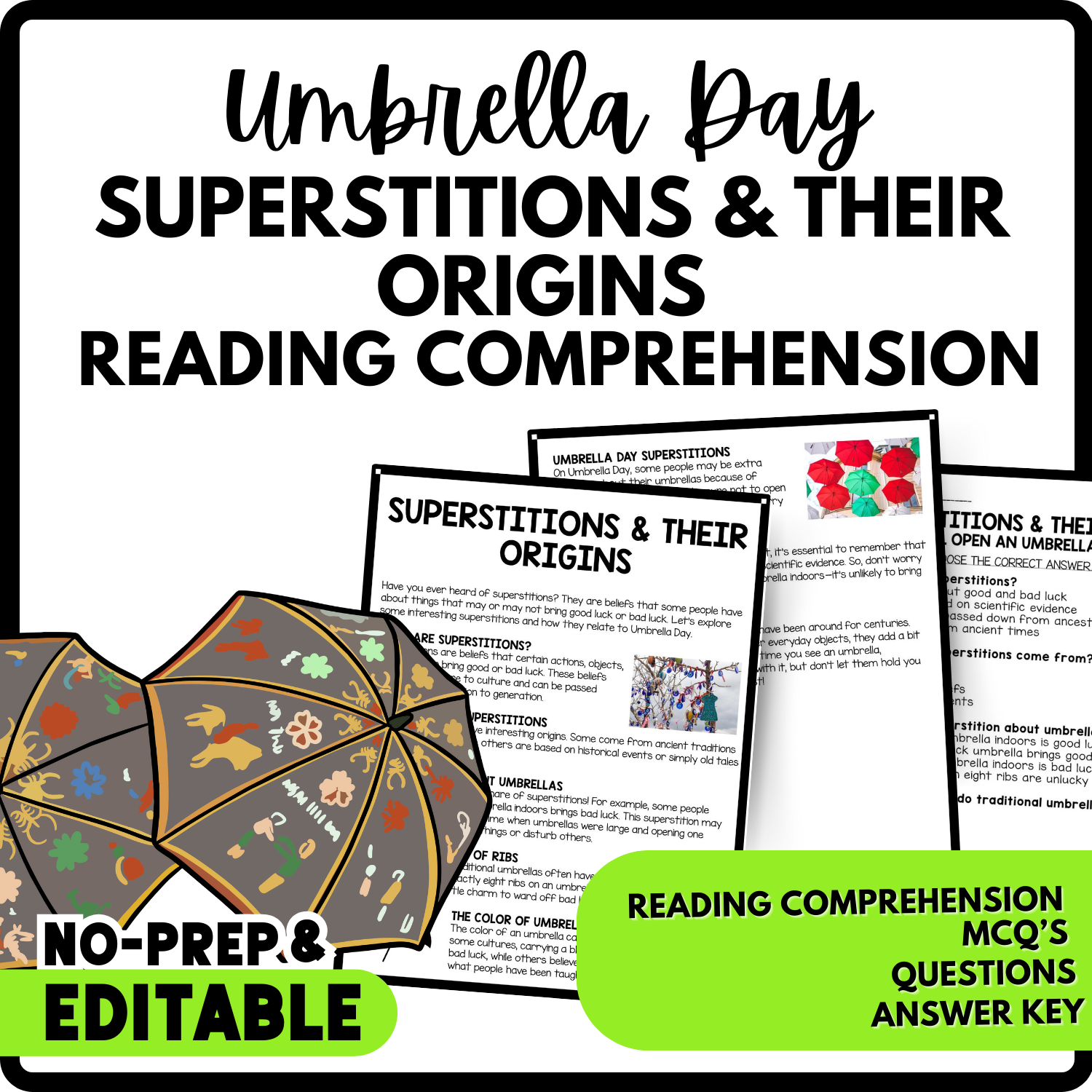 Superstitions & Their Origins Reading Comprehension Worksheet-Printable and Editable