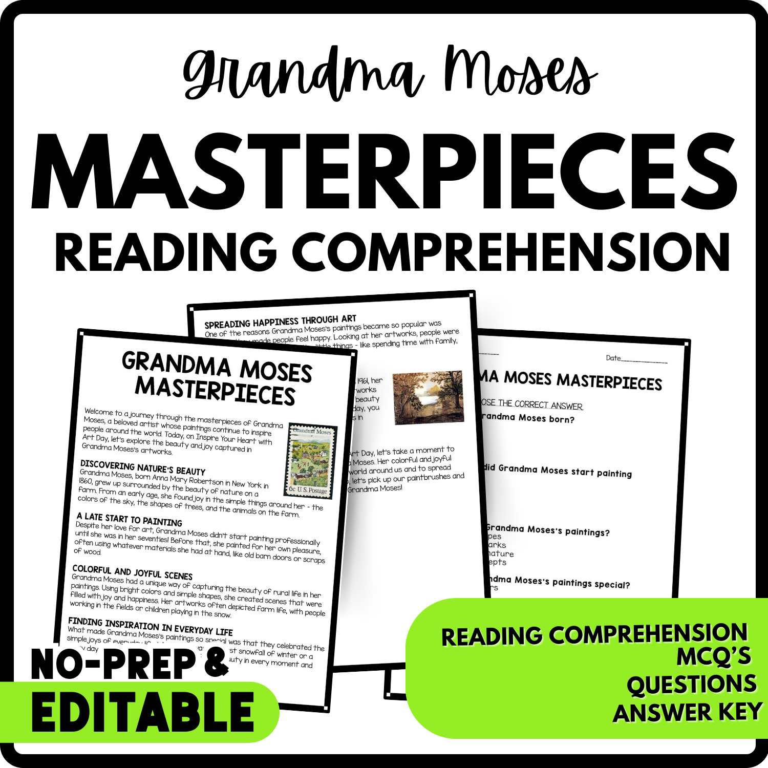 Women's History Month Grandma Moses Masterpieces Reading Comprehension Worksheet-Printable and Editable