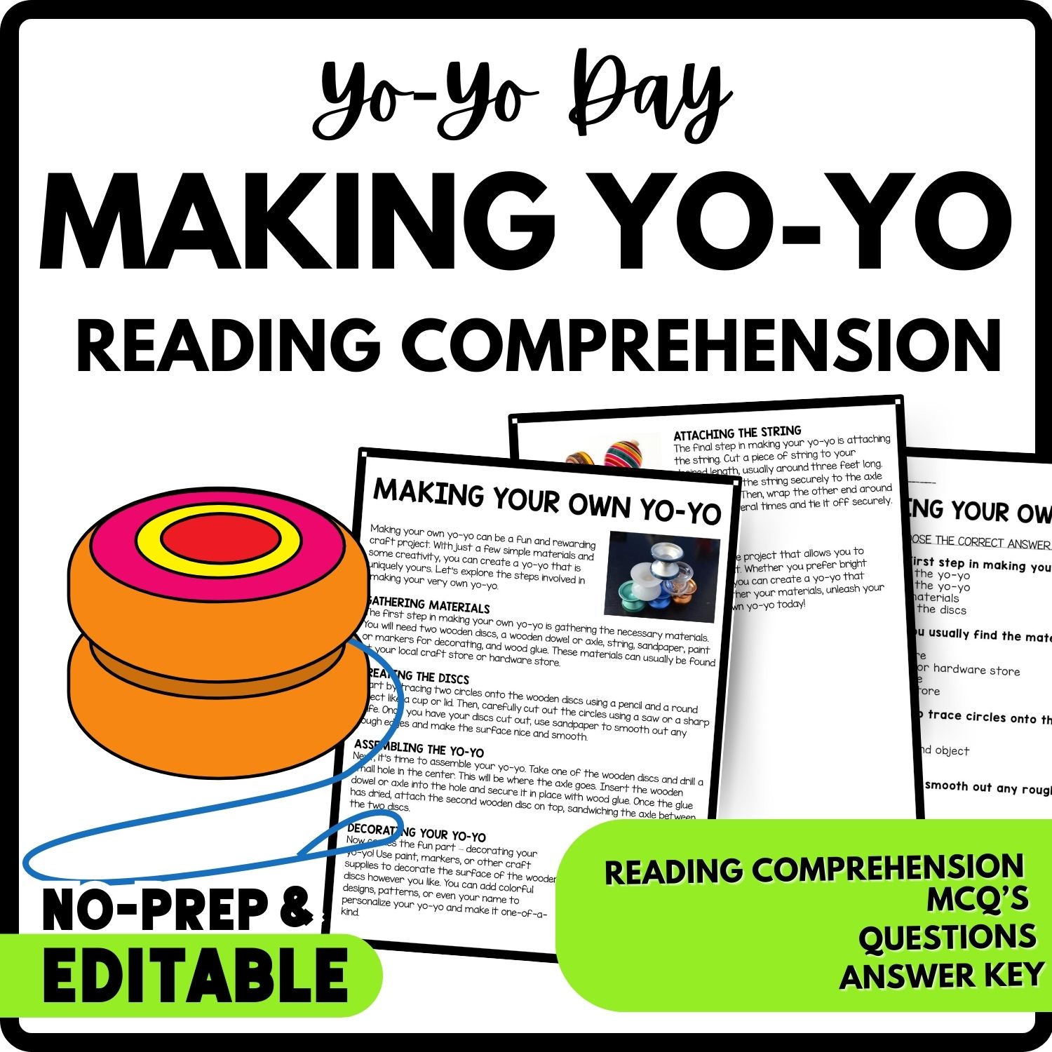 Making Your Own Yo-Yo Reading Comprehension Worksheet-Printable and Editable