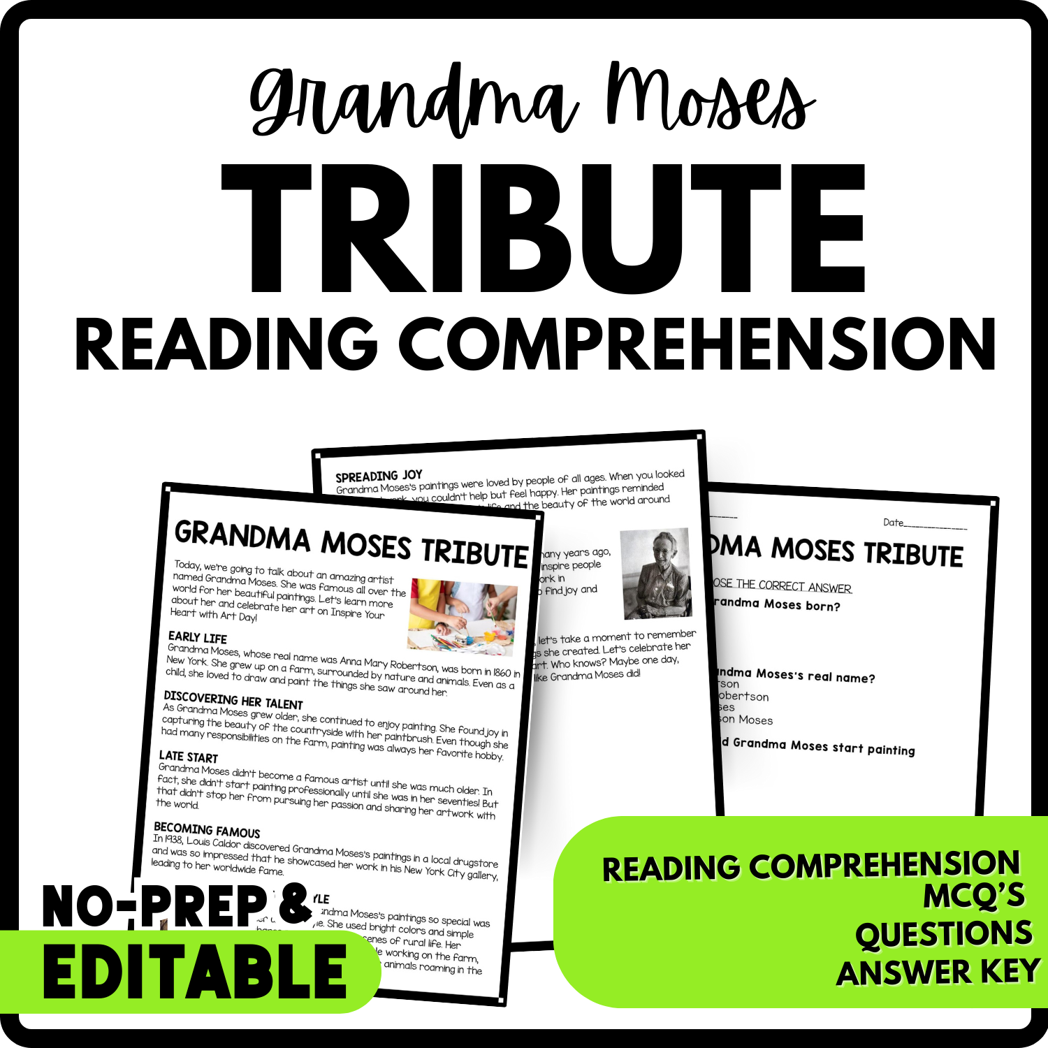 Women's History Month Grandma Moses Tribute Reading Comprehension Worksheet-Printable and Editable