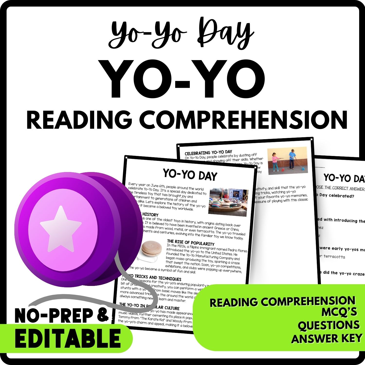 Yo-Yo Day Reading Comprehension Worksheet-Printable and Editable