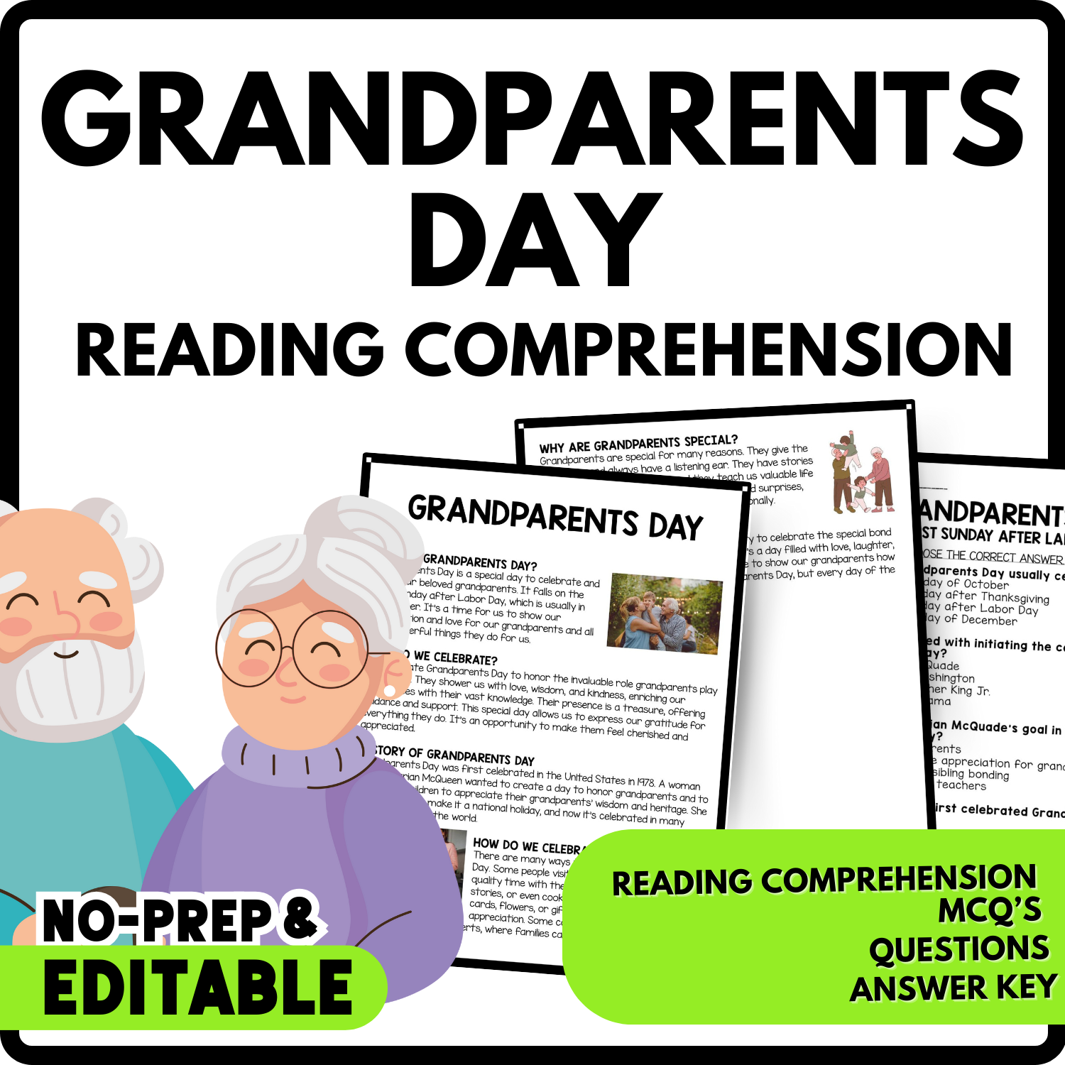 Women's History Month Grandparents Day Reading Comprehension Worksheet-Printable and Editable