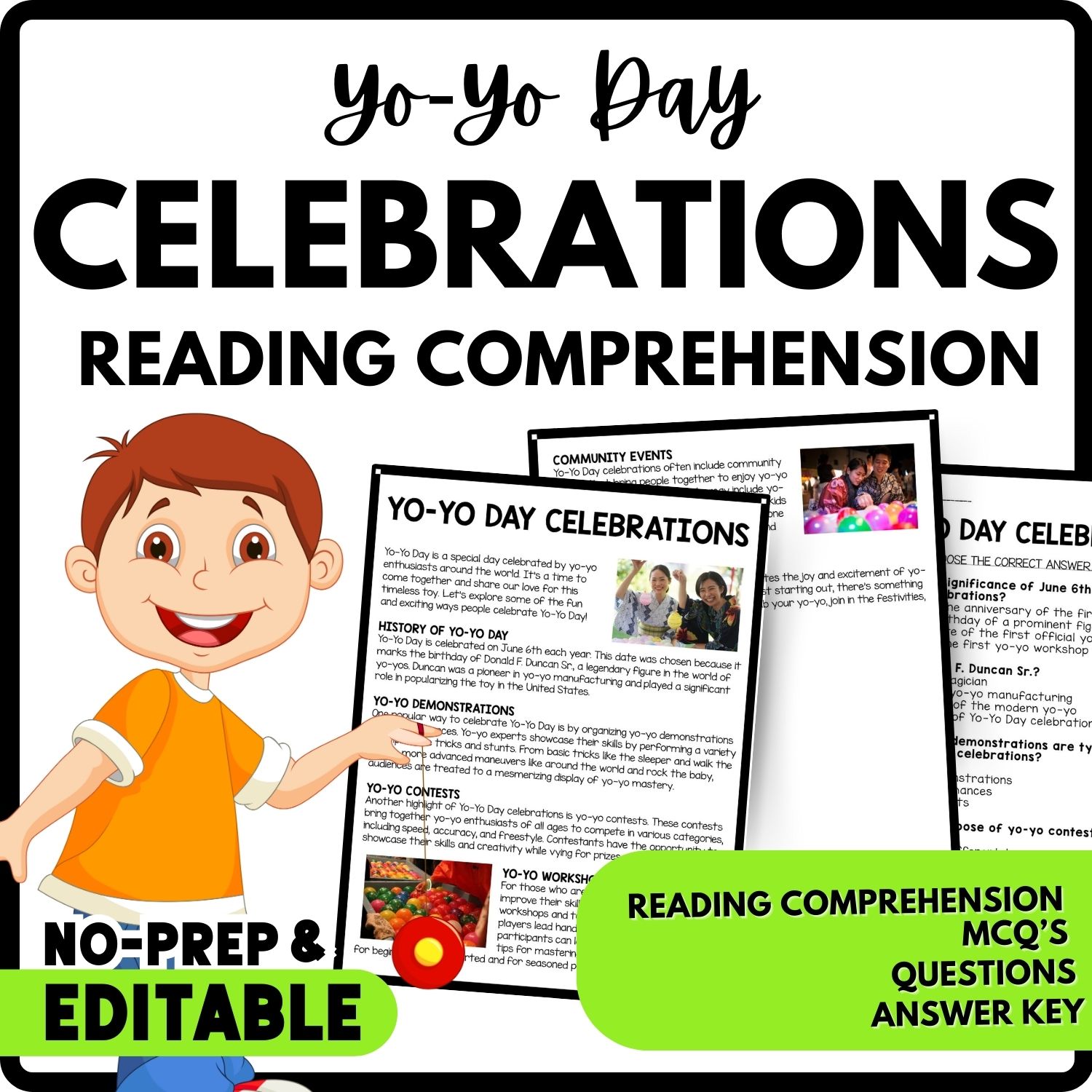 Yo-Yo Day Celebrations Reading Comprehension Worksheet-Printable and Editable
