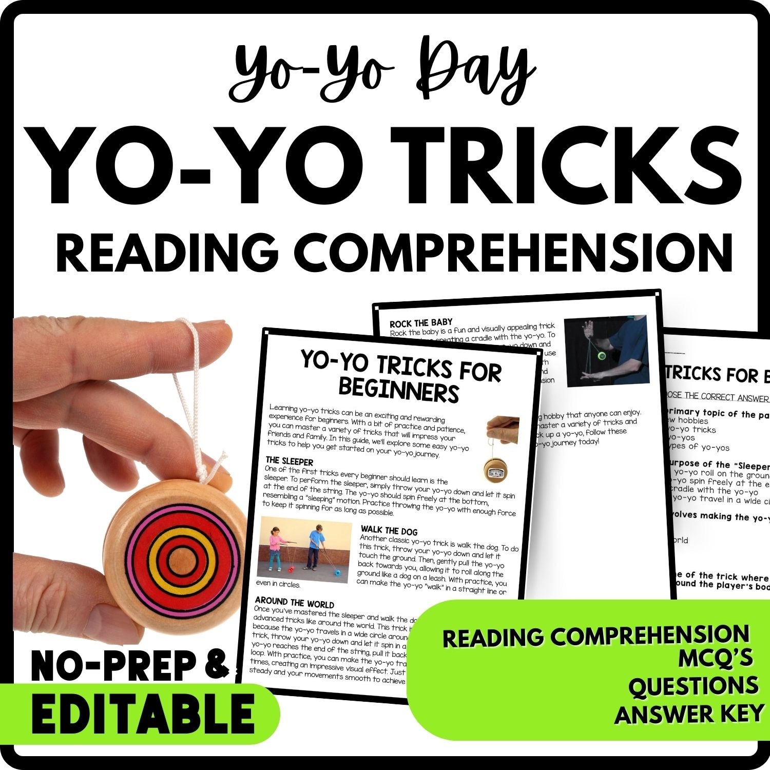Yo-Yo Tricks for Beginners Reading Comprehension Worksheet-Printable and Editable