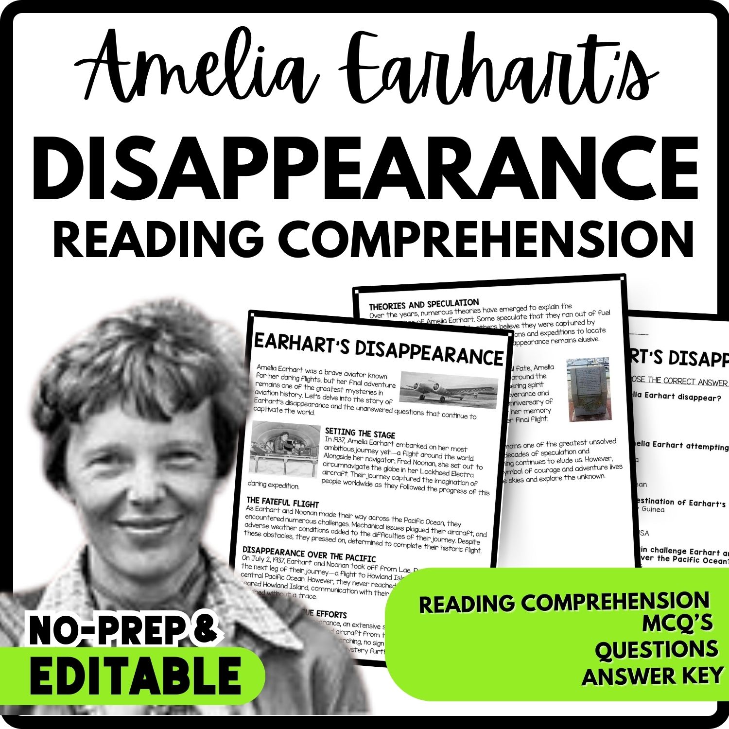 Earhart's disappearance Reading Comprehension Worksheet-Printable and Editable