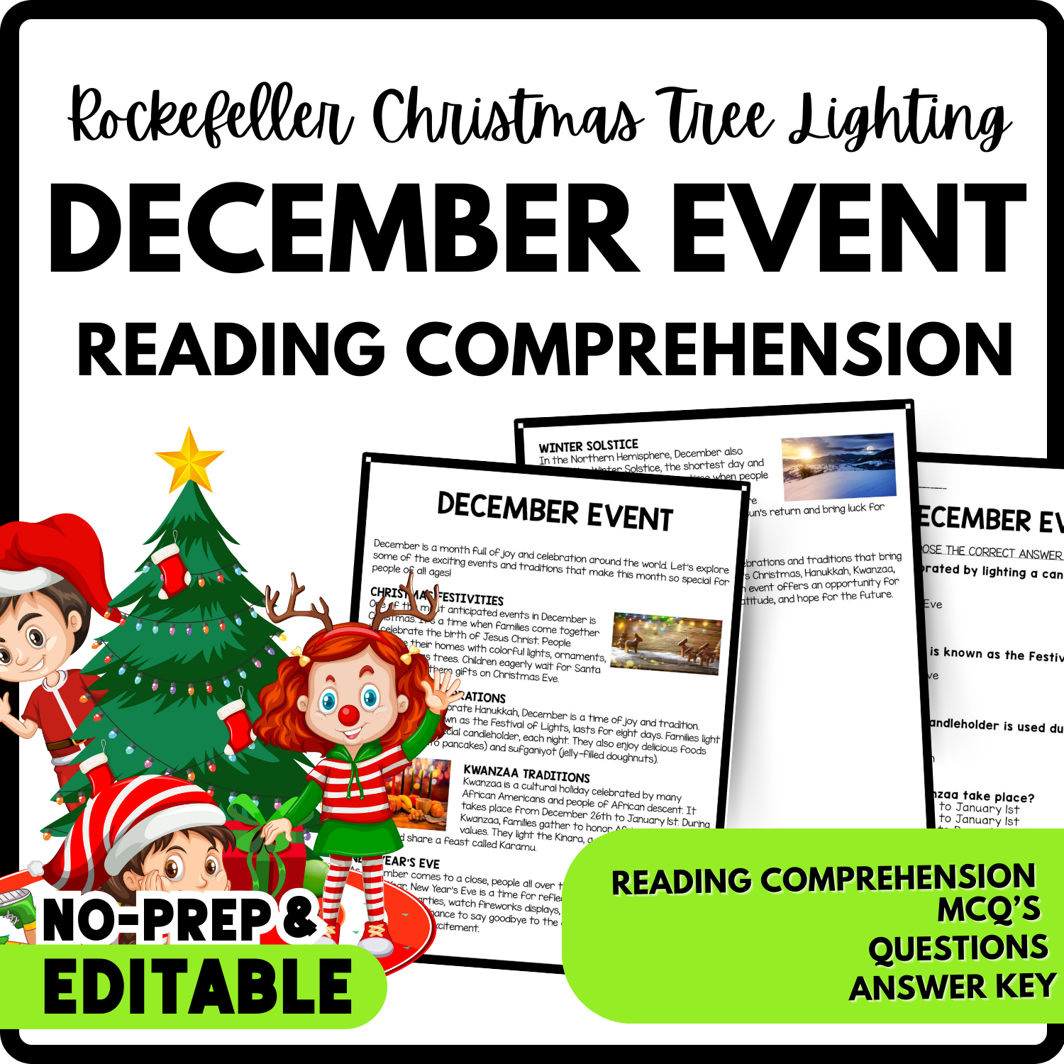 December Event Reading Comprehension Worksheet-Printable and Editable