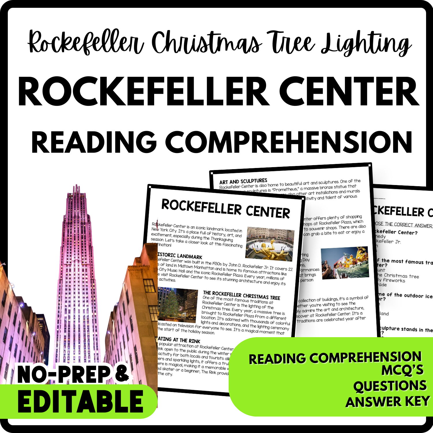 Rockefeller Center Reading Comprehension Worksheet-Printable and Editable