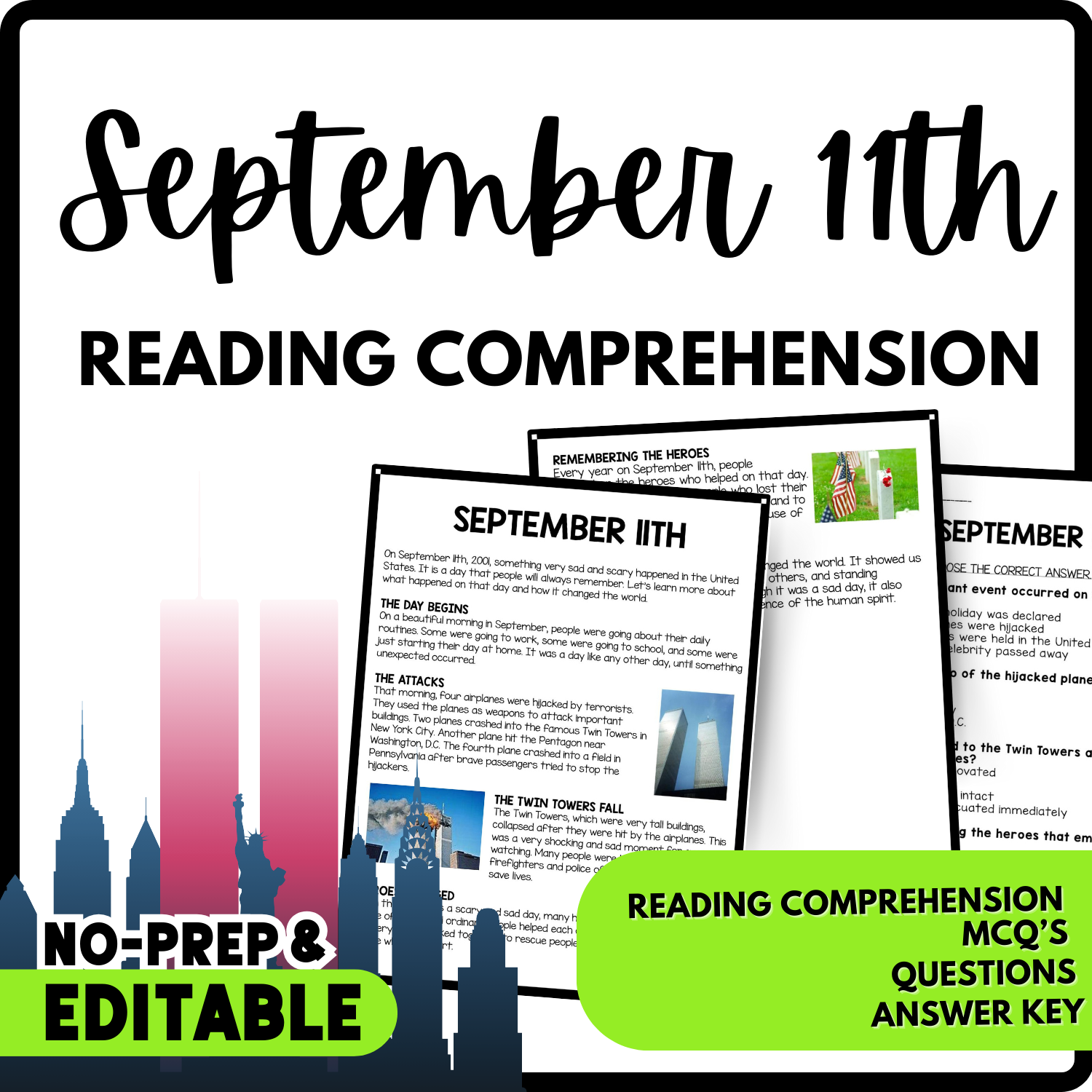 September 11th Reading Comprehension Worksheet-Printable and Editable