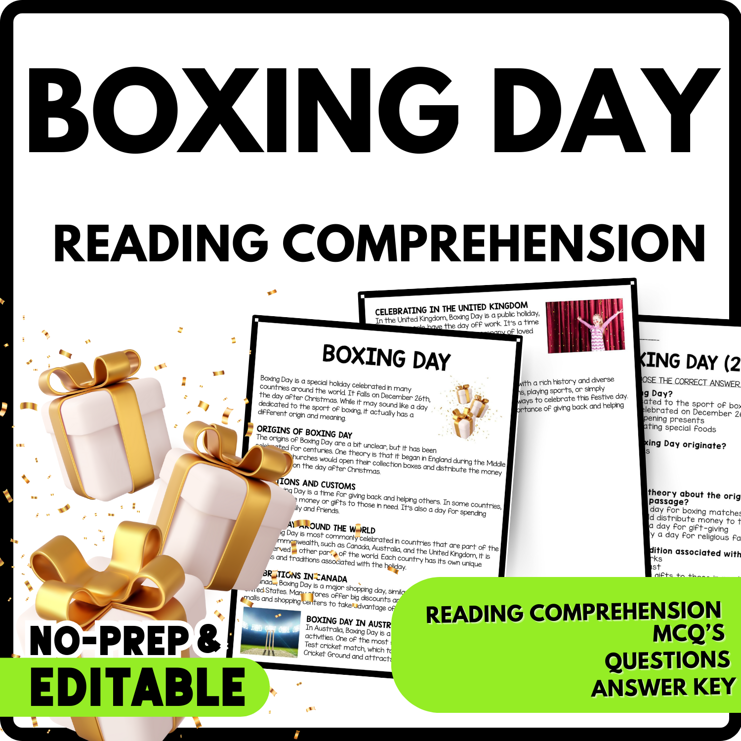 Boxing Day Reading Comprehension Worksheet-Printable and Editable
