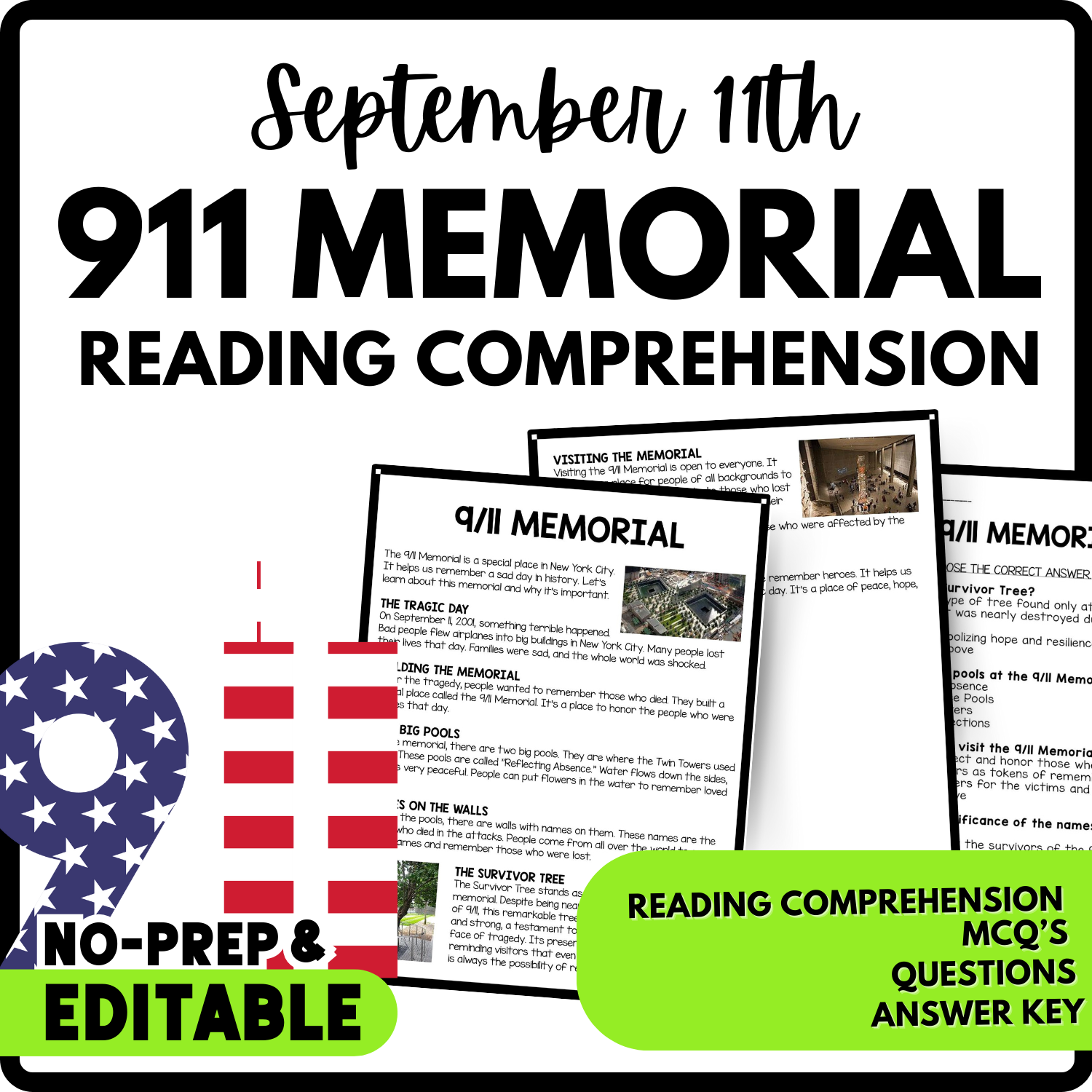911 Memorial Reading Comprehension Worksheet-Printable and Editable