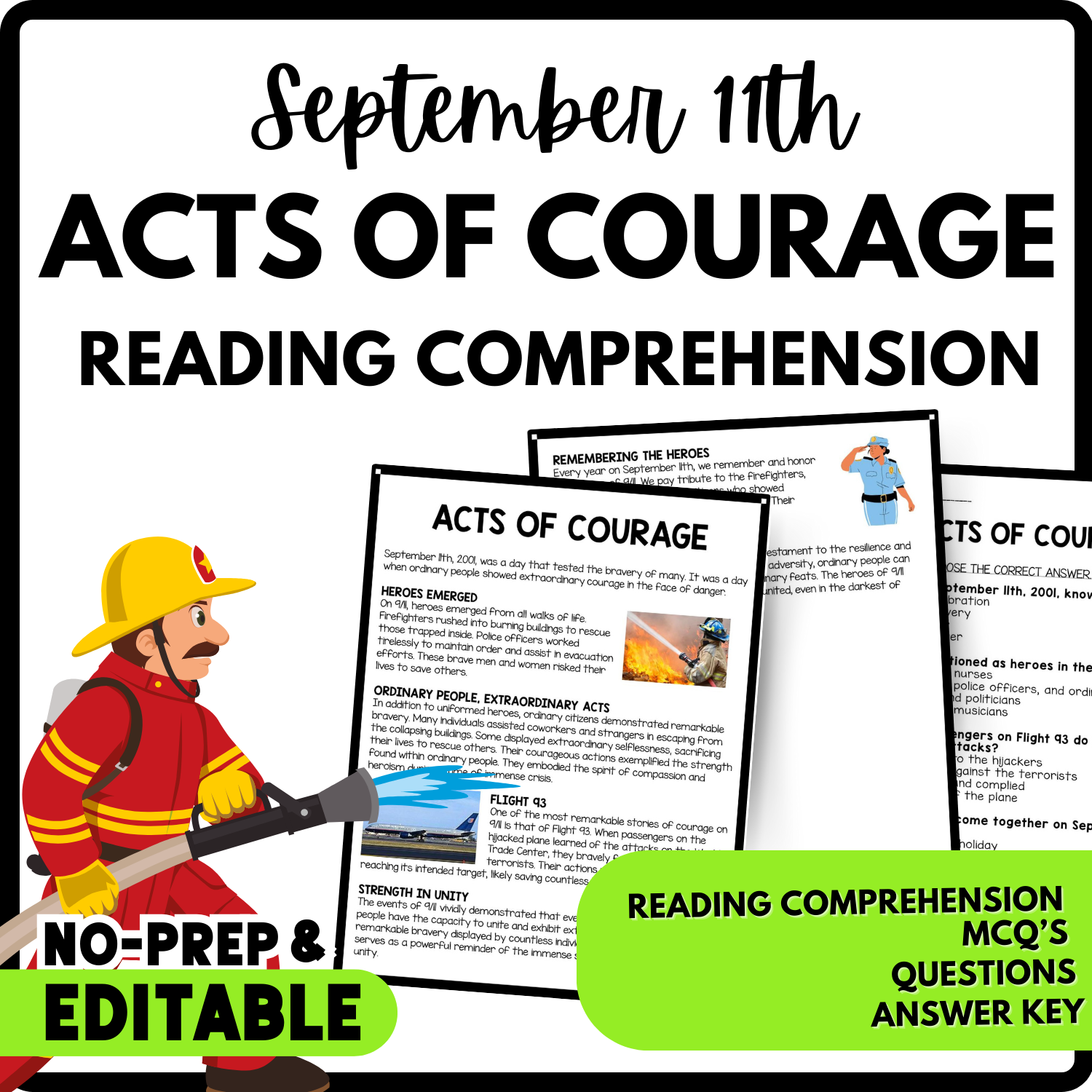 Acts of Courage Reading Comprehension Worksheet-Printable and Editable