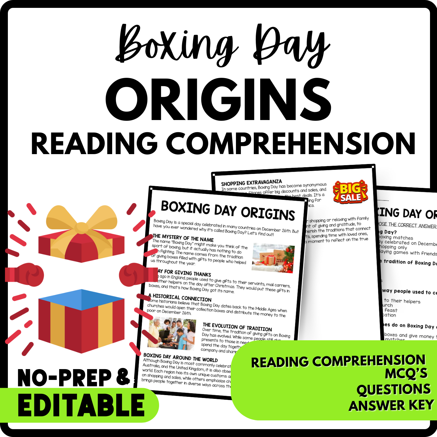 Boxing Day Origins Reading Comprehension Worksheet-Printable and Editable