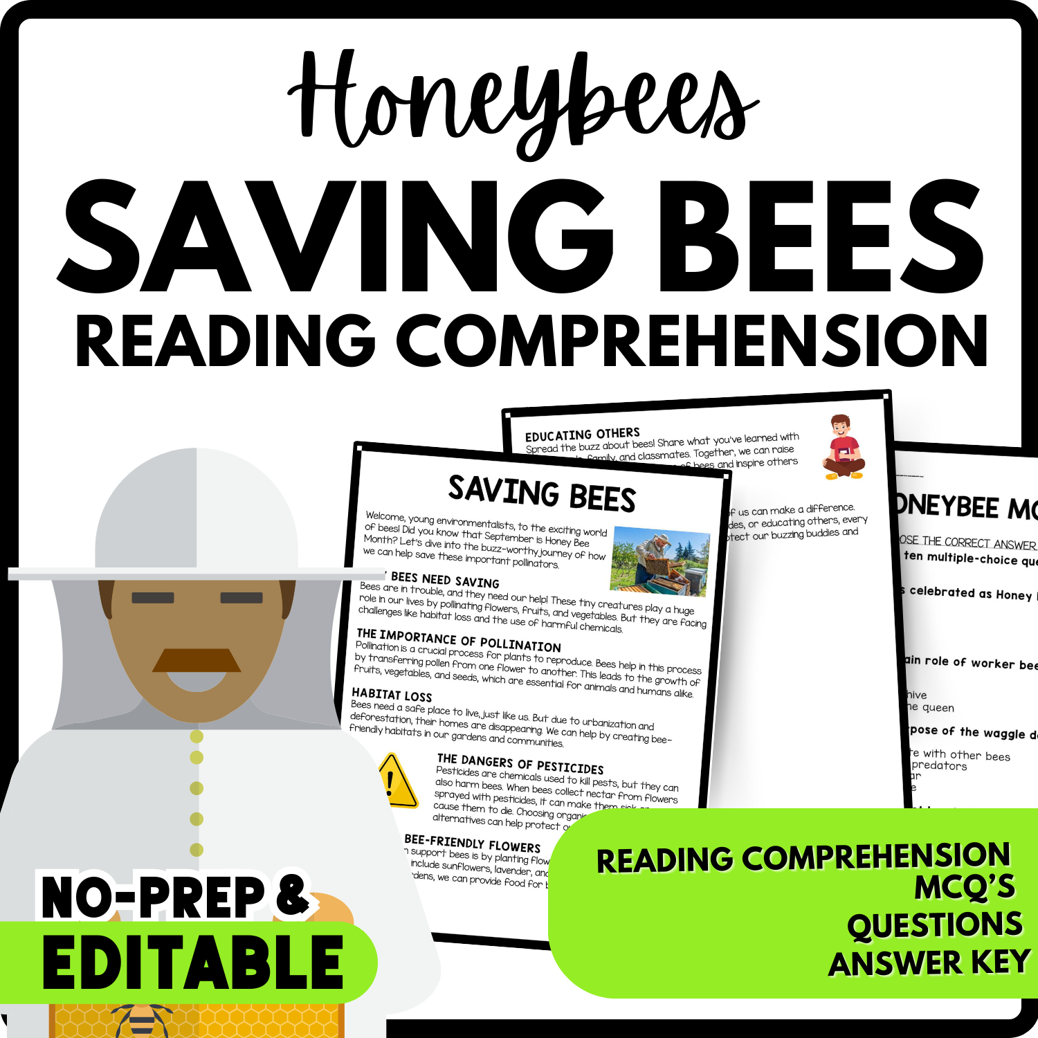 Saving Bees Reading Comprehension Worksheet-Printable and Editable