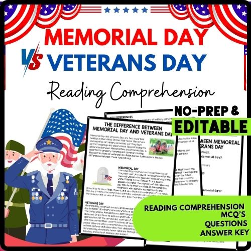 The Difference Between Memorial Day and Veterans Day Reading Comprehension Worksheet-Printable and Editable