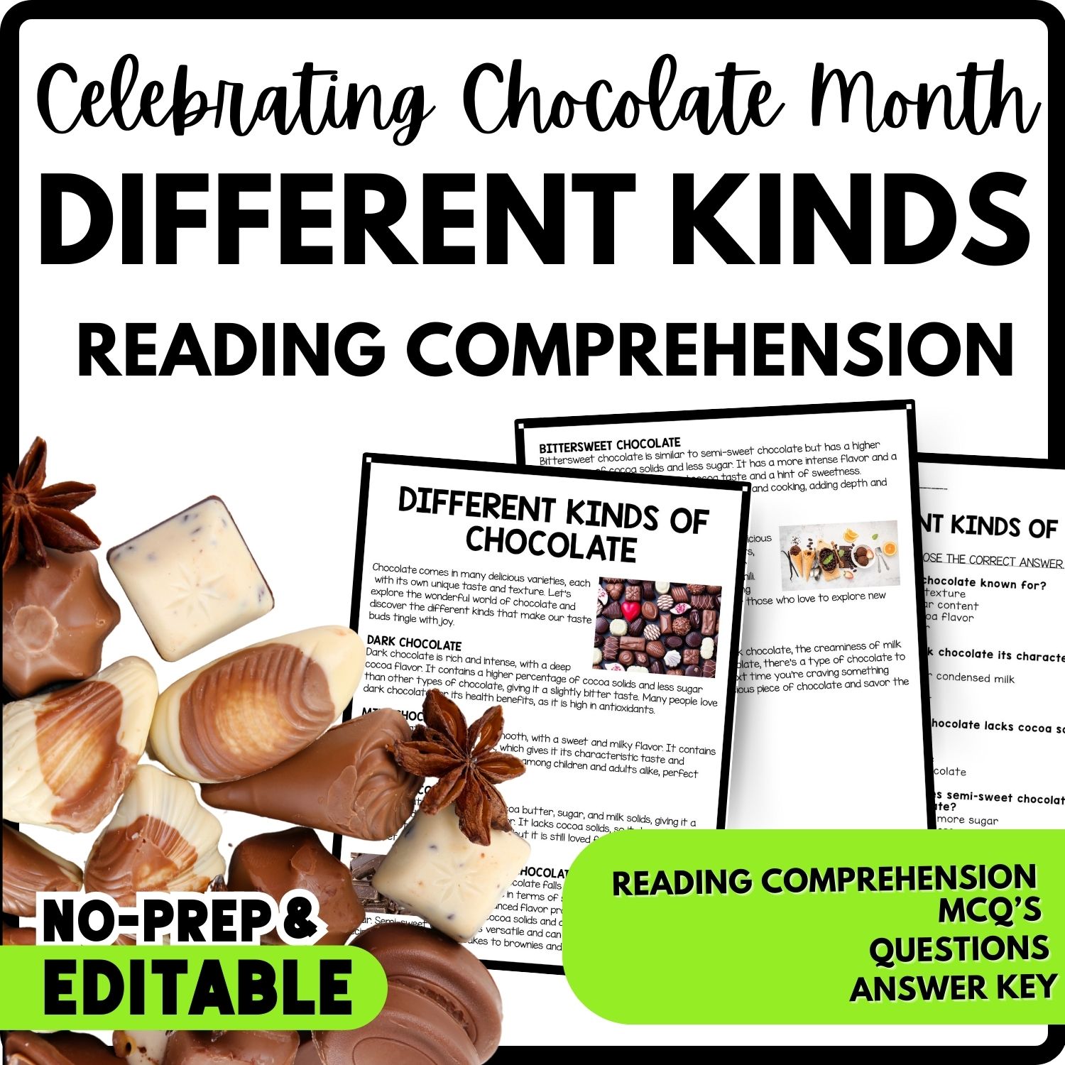 Different Kinds of Chocolate Reading Comprehension Worksheet-Printable and Editable