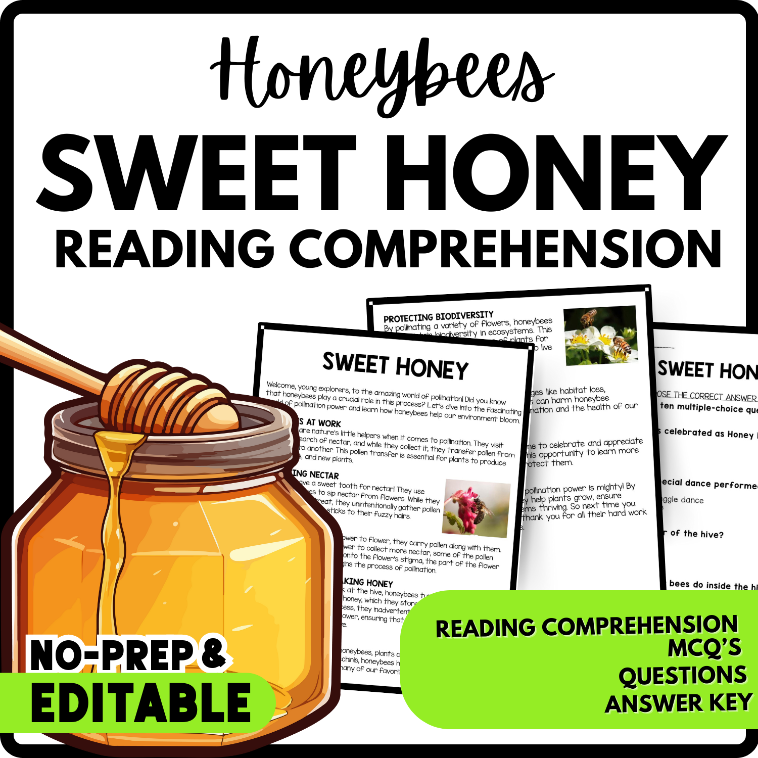 Sweet Honey Reading Comprehension Worksheet-Printable and Editable