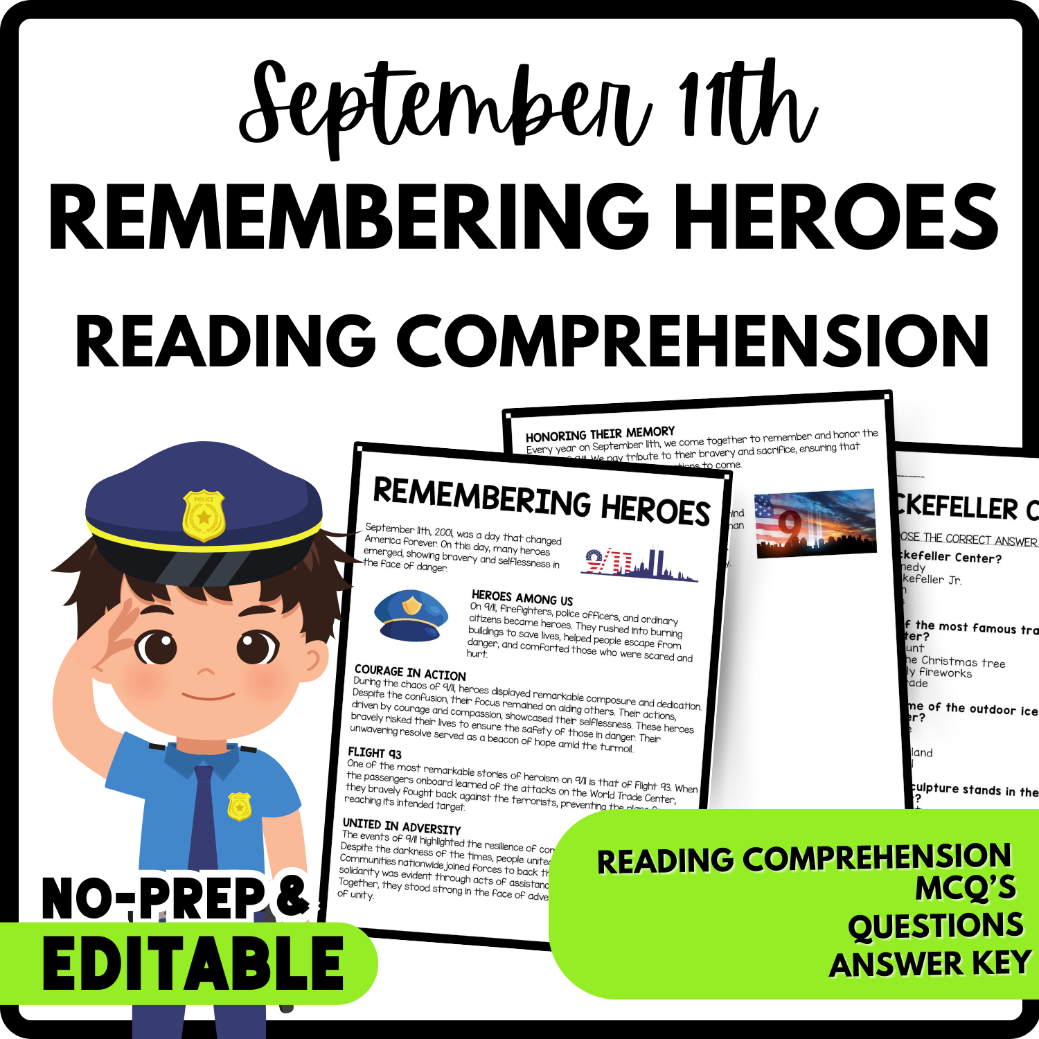 Remembering Heroes Reading Comprehension Worksheet-Printable and Editable