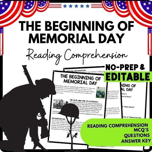 The Beginning of Memorial Day Reading Comprehension Worksheet-Printable and Editable