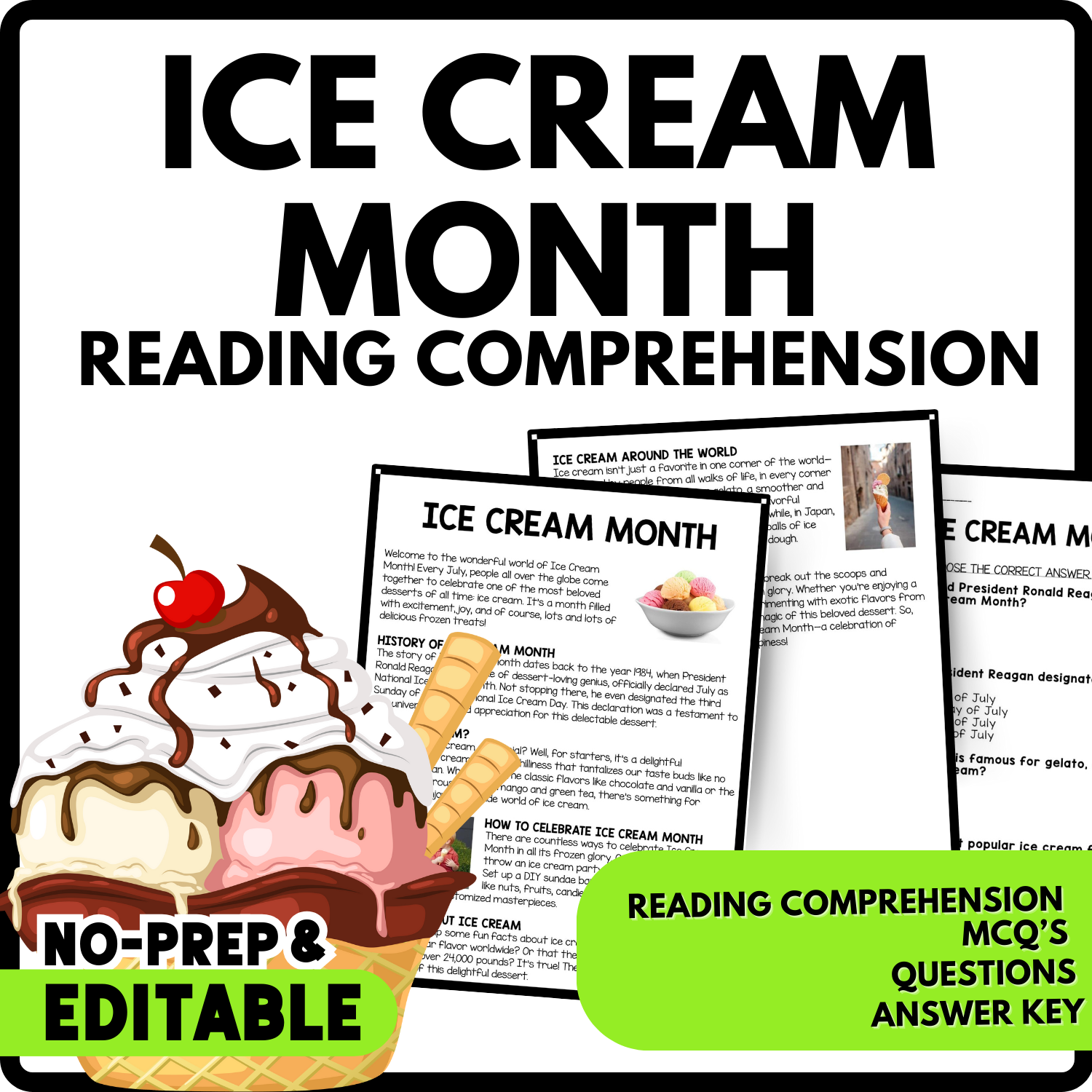 Ice Cream Month Reading Comprehension Worksheet-Printable and Editable