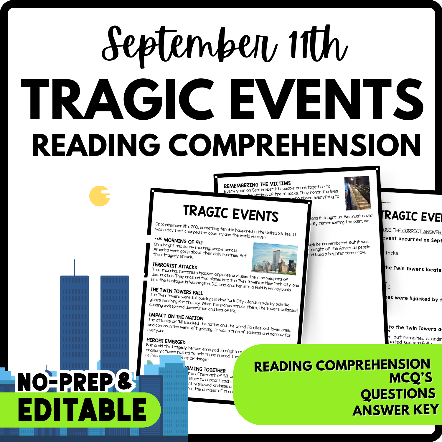 Tragic Events Reading Comprehension Worksheet-Printable and Editable
