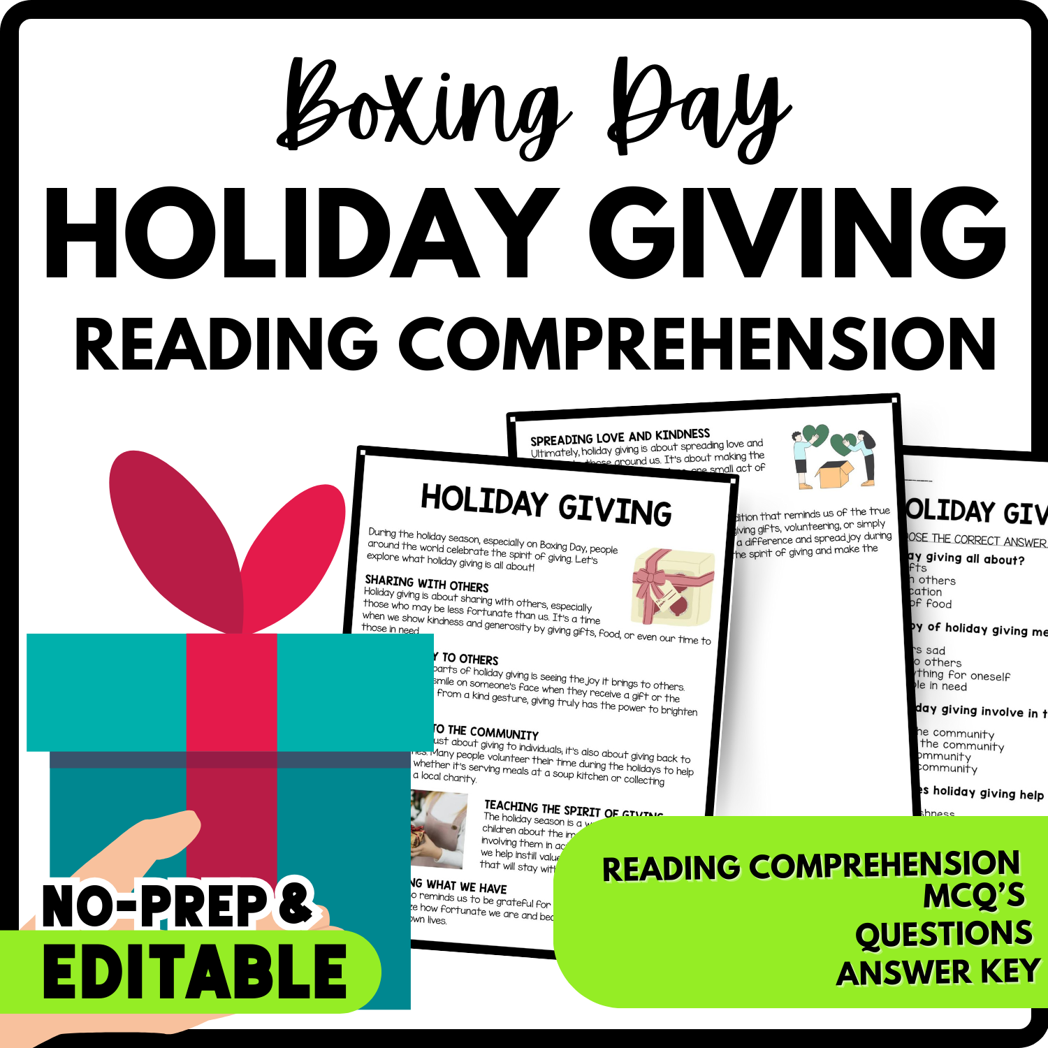 Holiday Giving Reading Comprehension Worksheet-Printable and Editable