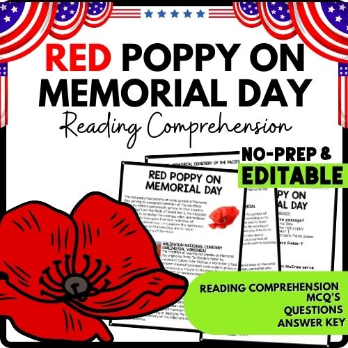 Red Poppy on Memorial Day Reading Comprehension Worksheet-Printable and Editable