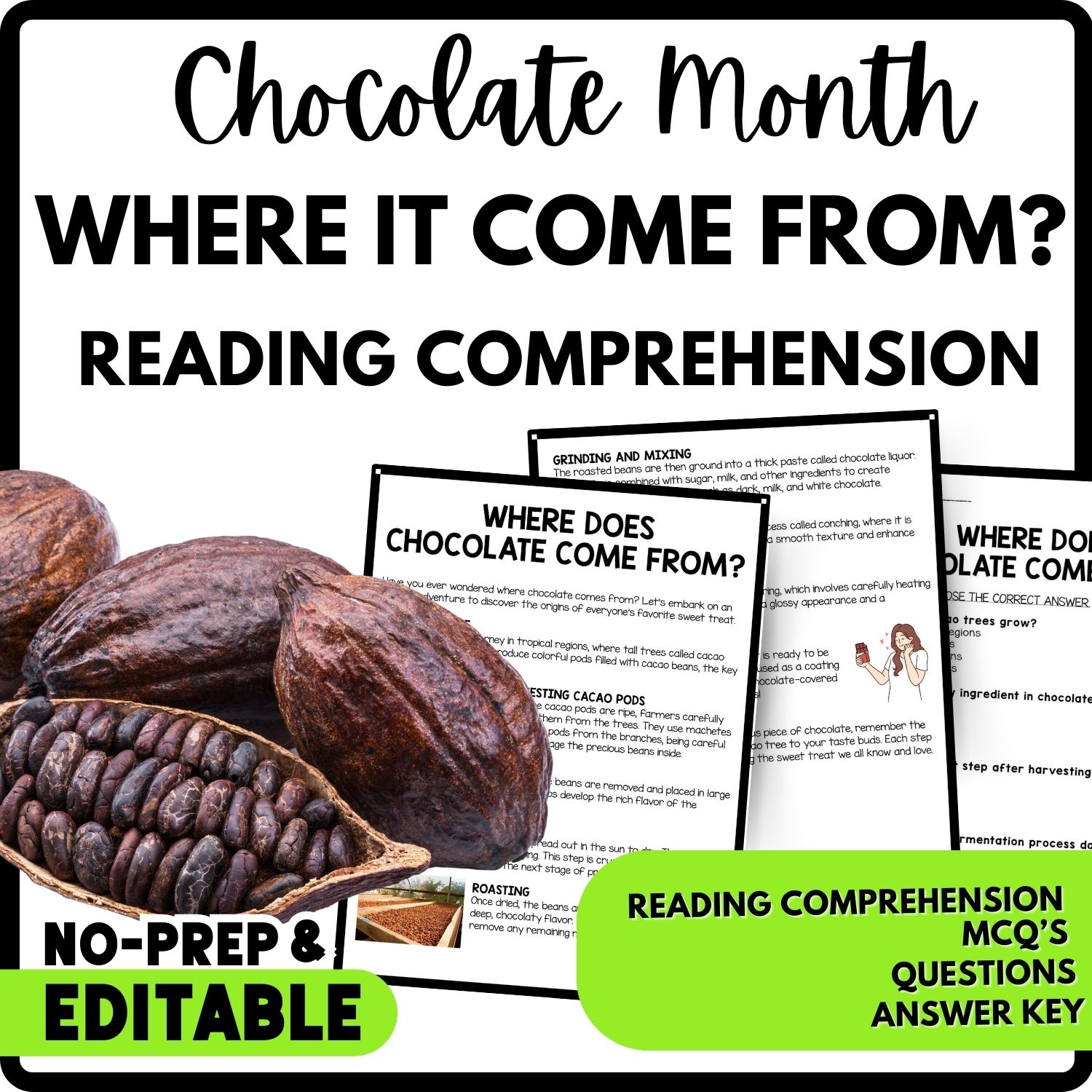 Where Does Chocolate Come From? Reading Comprehension Worksheet-Printable and Editable