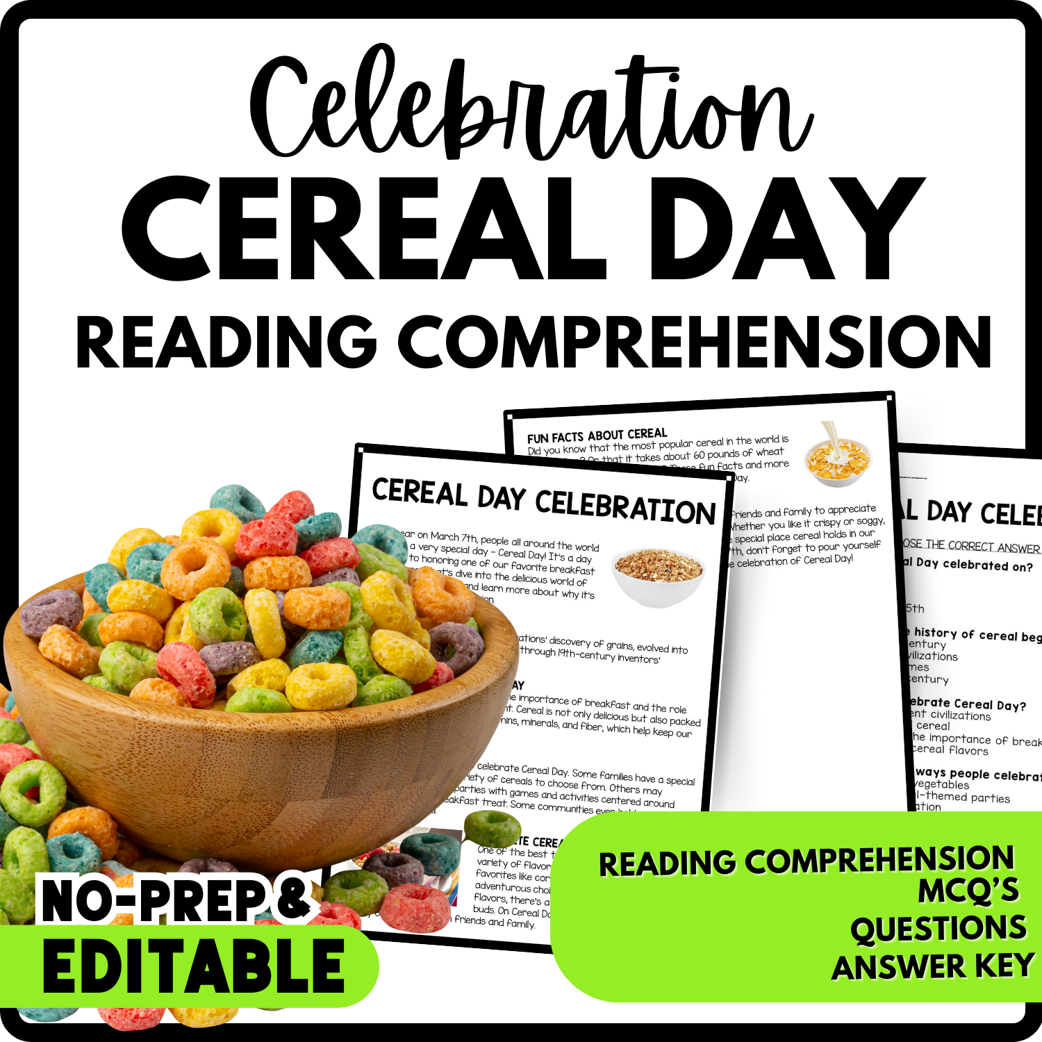 Cereal Day Celebration Reading Comprehension Worksheet-Printable and Editable